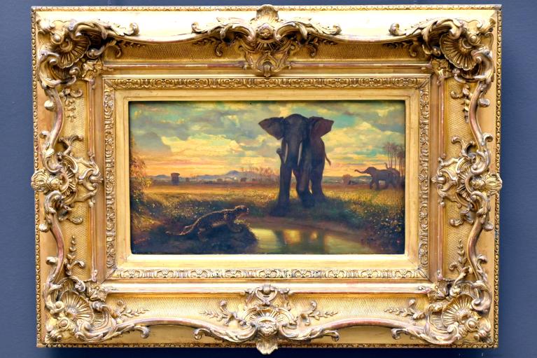 Alexandre-Gabriel Decamps (1830–1854), Tiger und Elefant an der Quelle (Indische Wüste), Paris, Musée du Louvre, Saal 951, 1849, Bild 1/2