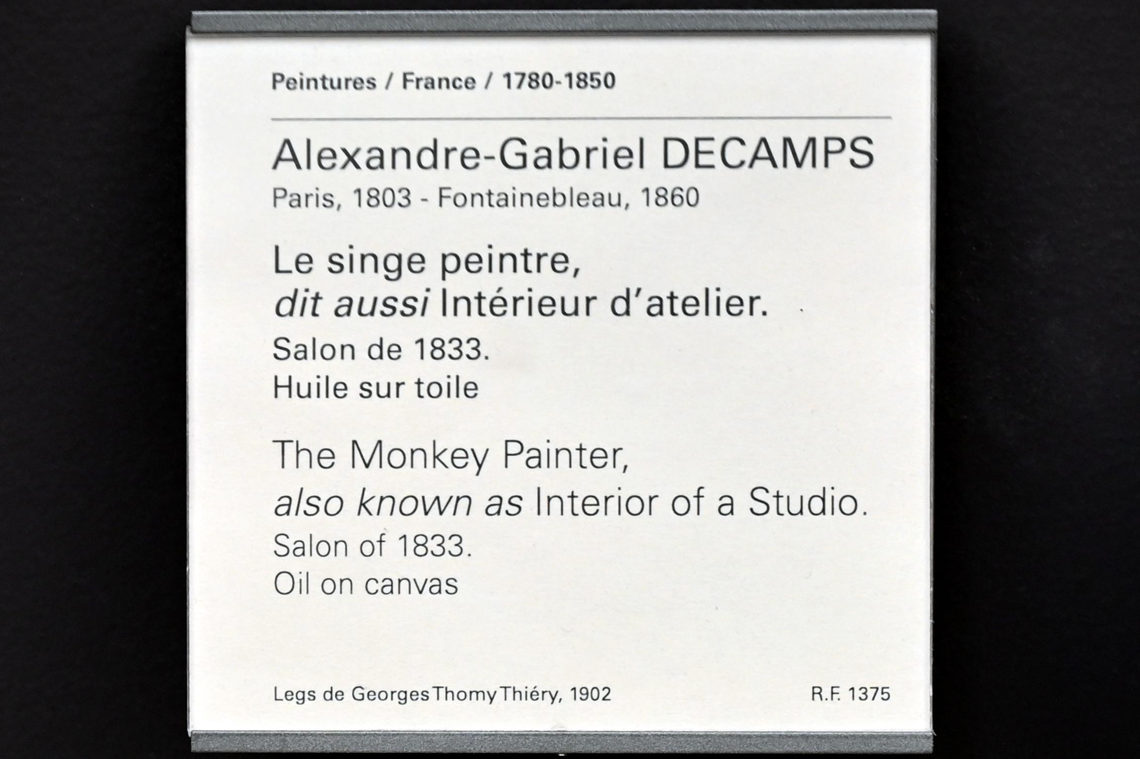 Alexandre-Gabriel Decamps (1830–1854), Der Maleraffe (Innenraum eines Ateliers), Paris, Musée du Louvre, Saal 951, vor 1833, Bild 2/2