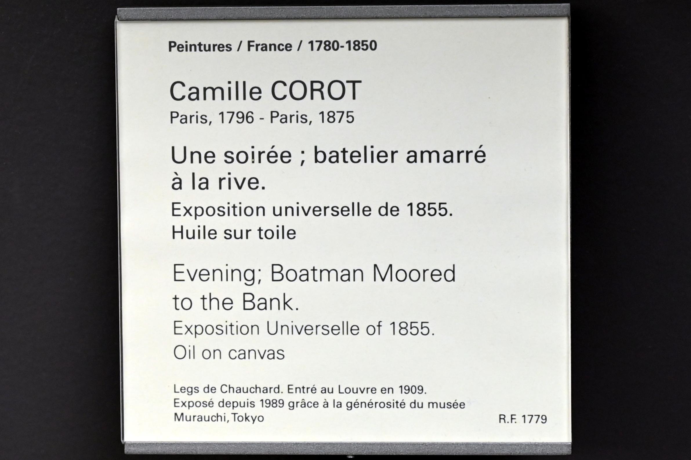 Jean-Baptiste Camille Corot (1823–1874), Abendliches Festmachen des Bootes am Ufer, Paris, Musée du Louvre, Saal 952, vor 1855, Bild 2/2