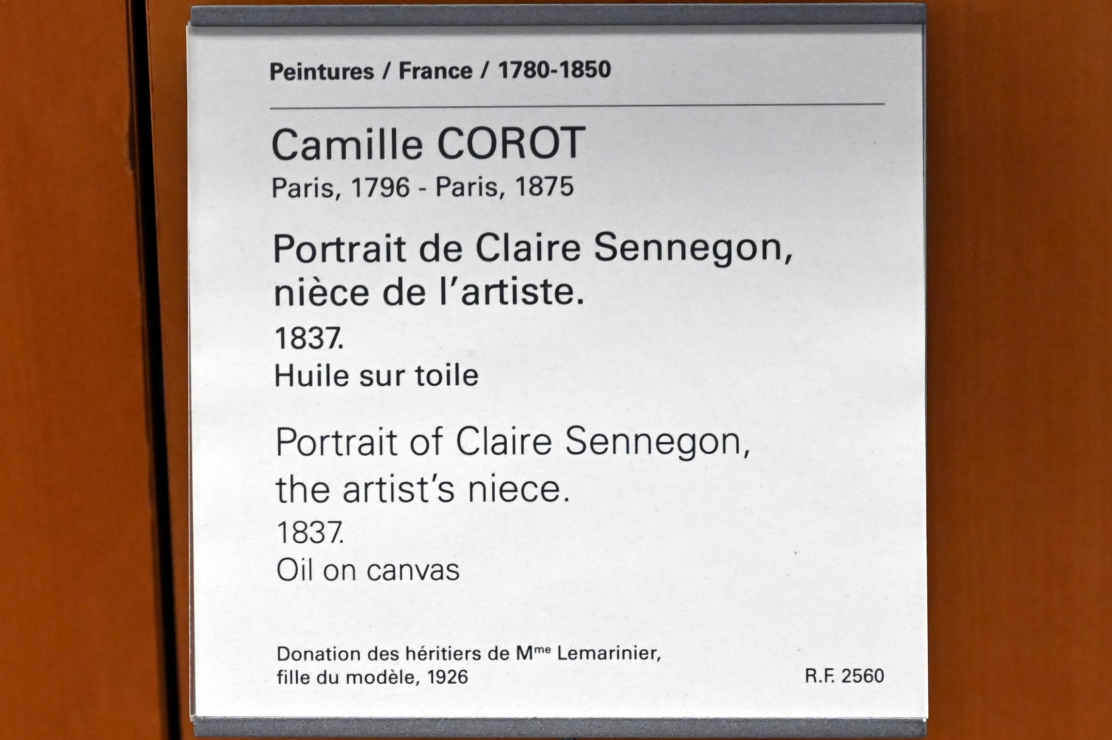 Jean-Baptiste Camille Corot (1823–1874), Porträt der Claire Sennegon, Nichte des Künstlers, Paris, Musée du Louvre, Saal 948, 1837, Bild 2/2