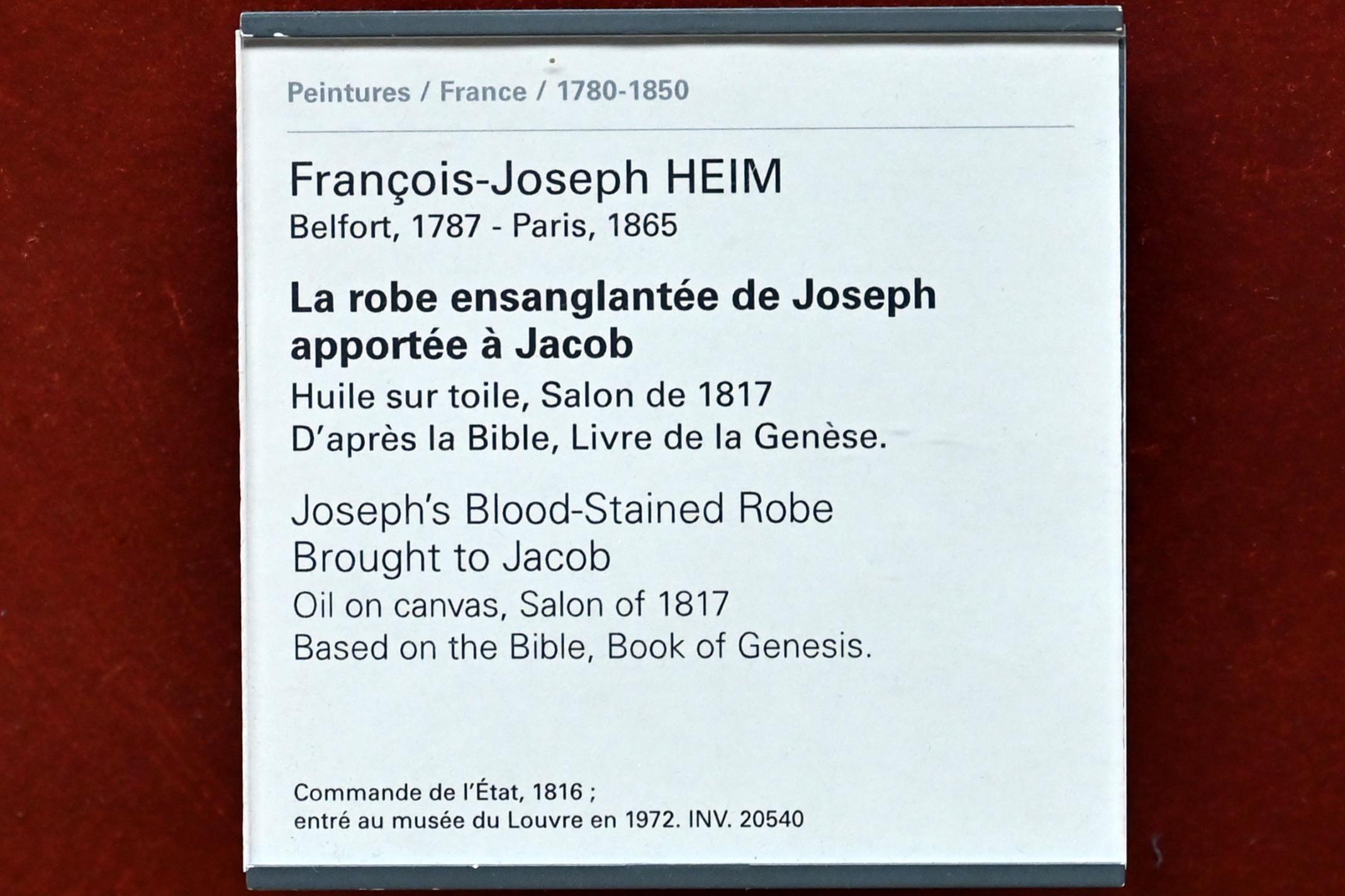 François-Joseph Heim (1816–1826), Das blutbefleckte Gewand von Joseph, das zu Jakob gebracht wird, Paris, Musée du Louvre, Saal 700, vor 1817, Bild 2/2