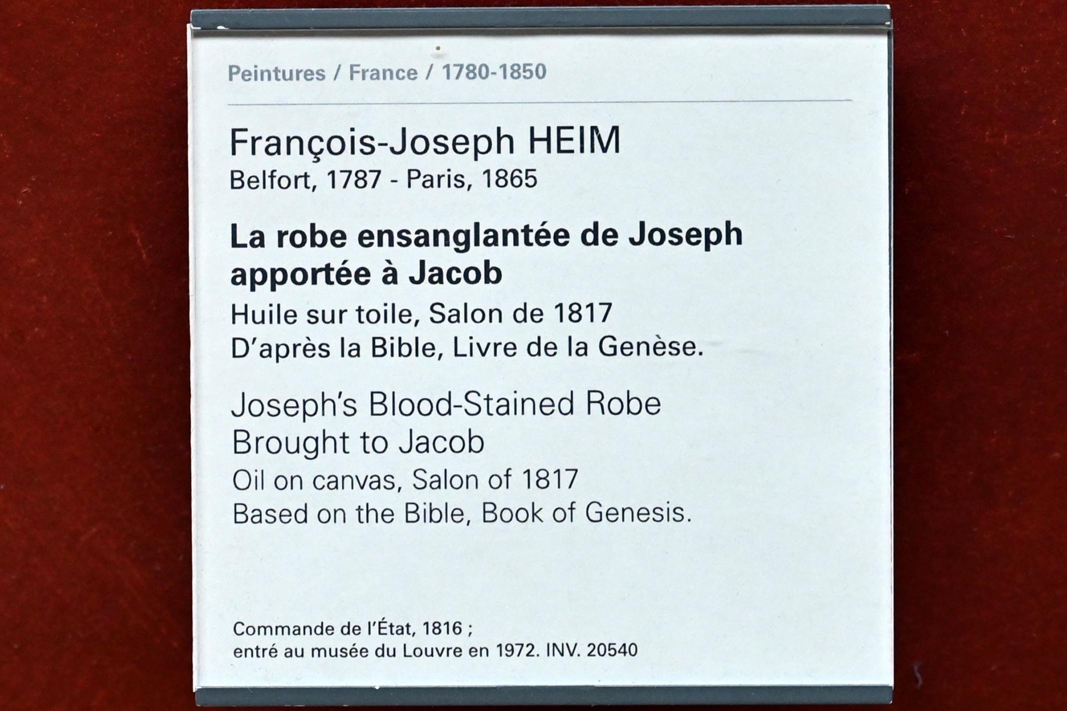 François-Joseph Heim (1816–1826), Das blutbefleckte Gewand von Joseph, das zu Jakob gebracht wird, Paris, Musée du Louvre, Saal 700, vor 1817, Bild 2/2