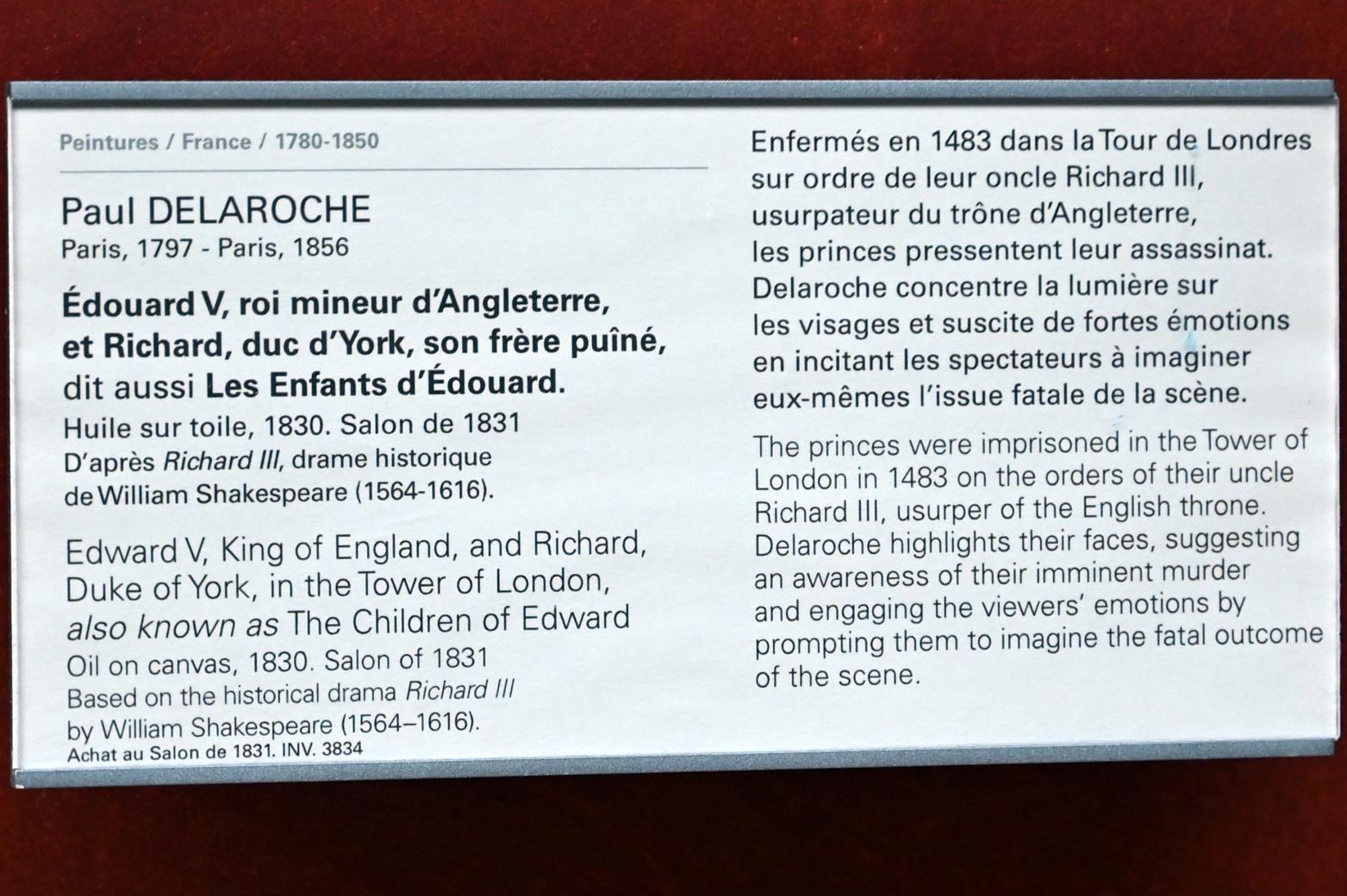 Paul Delaroche (1826–1855), Eduard V., König von England, und Richard of Shrewsbury, 1. Duke of York, im Tower of London (Die Kinder des Eduard), Paris, Musée du Louvre, Saal 700, 1830, Bild 2/2