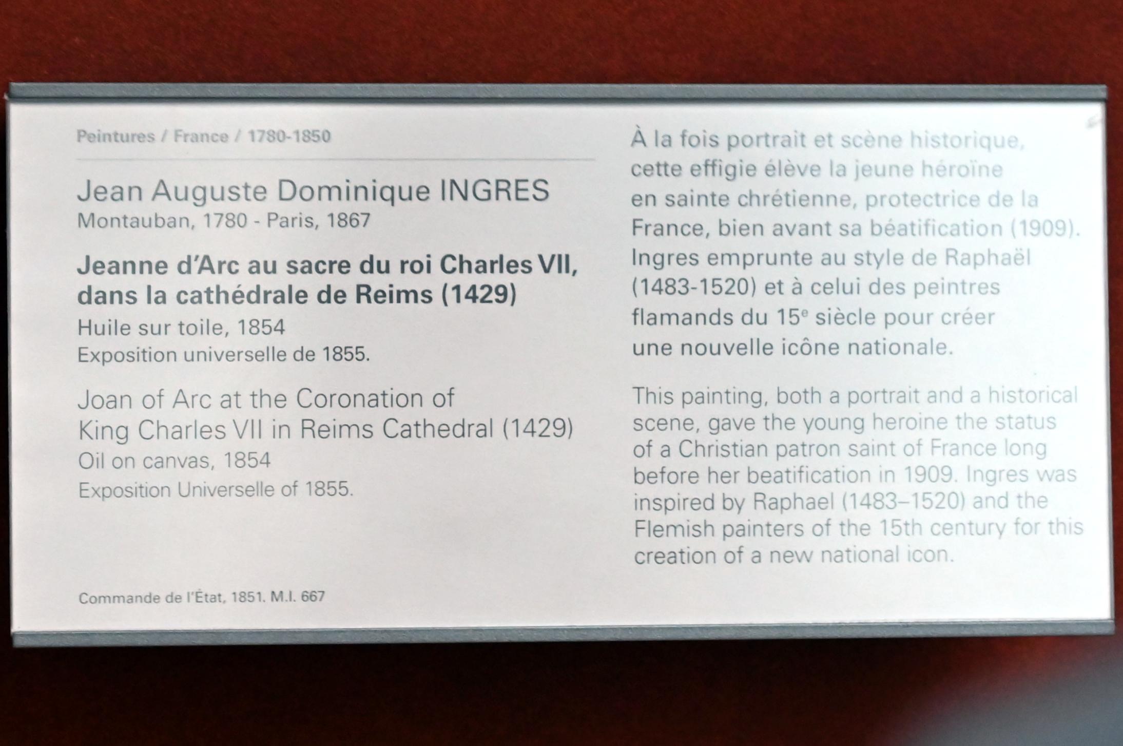 Jean-Auguste-Dominique Ingres (1805–1856), Jeanne d'Arc bei der Krönung von König Karl VII. in der Kathedrale von Reims 1429, Paris, Musée du Louvre, Saal 700, 1854, Bild 2/2