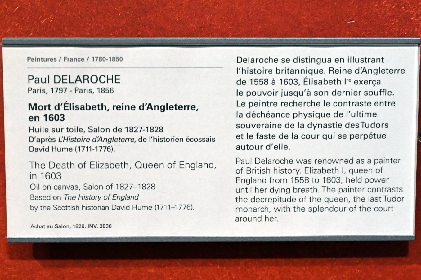 Paul Delaroche (1826–1855), Tod von Elisabeth I., Königin von England, im Jahr 1603, Paris, Musée du Louvre, Saal 701, vor 1827, Bild 2/2
