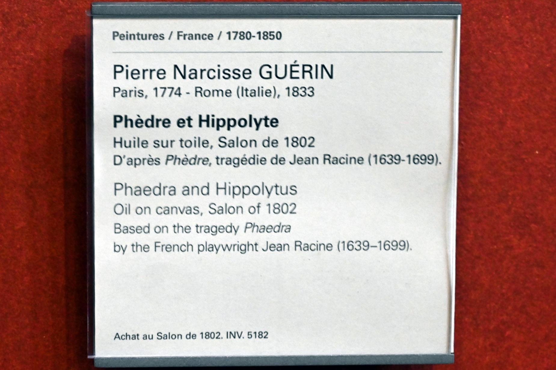 Pierre Narcisse Guérin (1798–1818), Phaidra und Hippolytos, Paris, Musée du Louvre, Saal 701, vor 1802, Bild 2/2