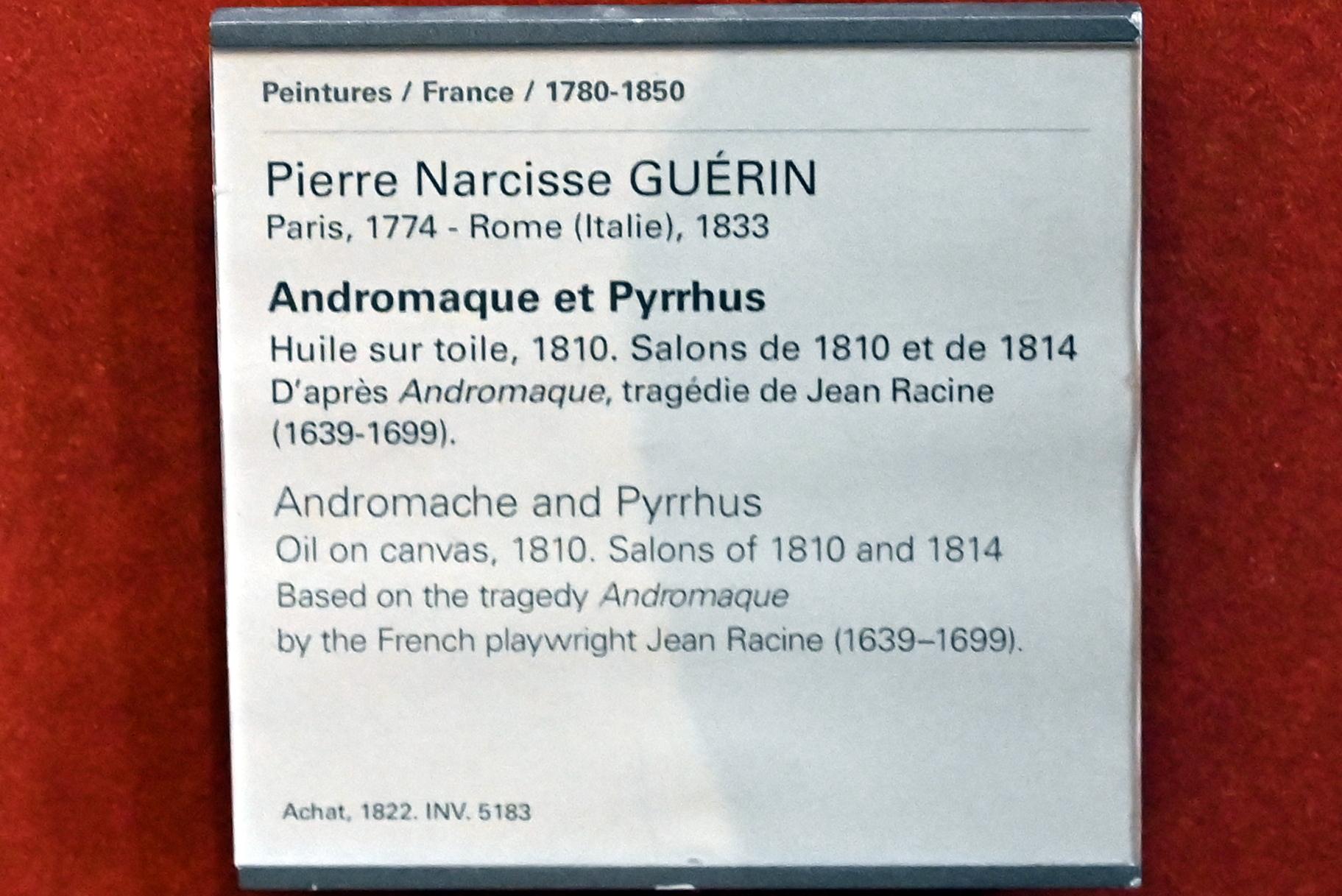 Pierre Narcisse Guérin (1798–1818), Andromache und Pyrrhus, Paris, Musée du Louvre, Saal 701, 1810, Bild 2/2