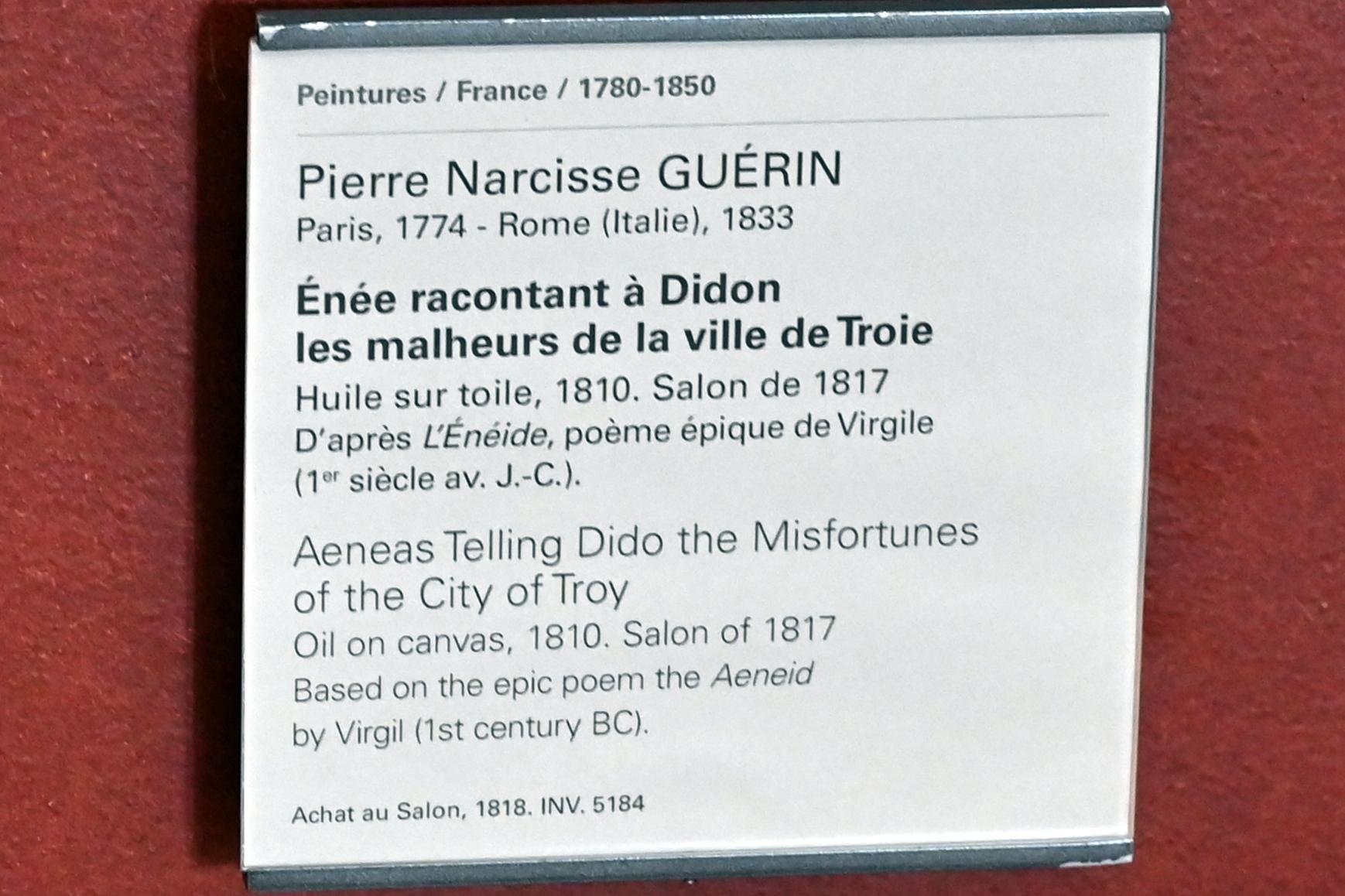 Pierre Narcisse Guérin (1798–1818), Aeneas erzählt Dido vom Unglück der Stadt Troja, Paris, Musée du Louvre, Saal 701, 1810, Bild 2/2