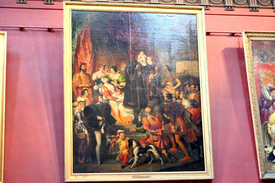 Eugène Devéria (1826–1827), Die Geburt Heinrichs IV. im Jahr 1553, Paris, Musée du Louvre, Saal 701, vor 1827, Bild 1/2
