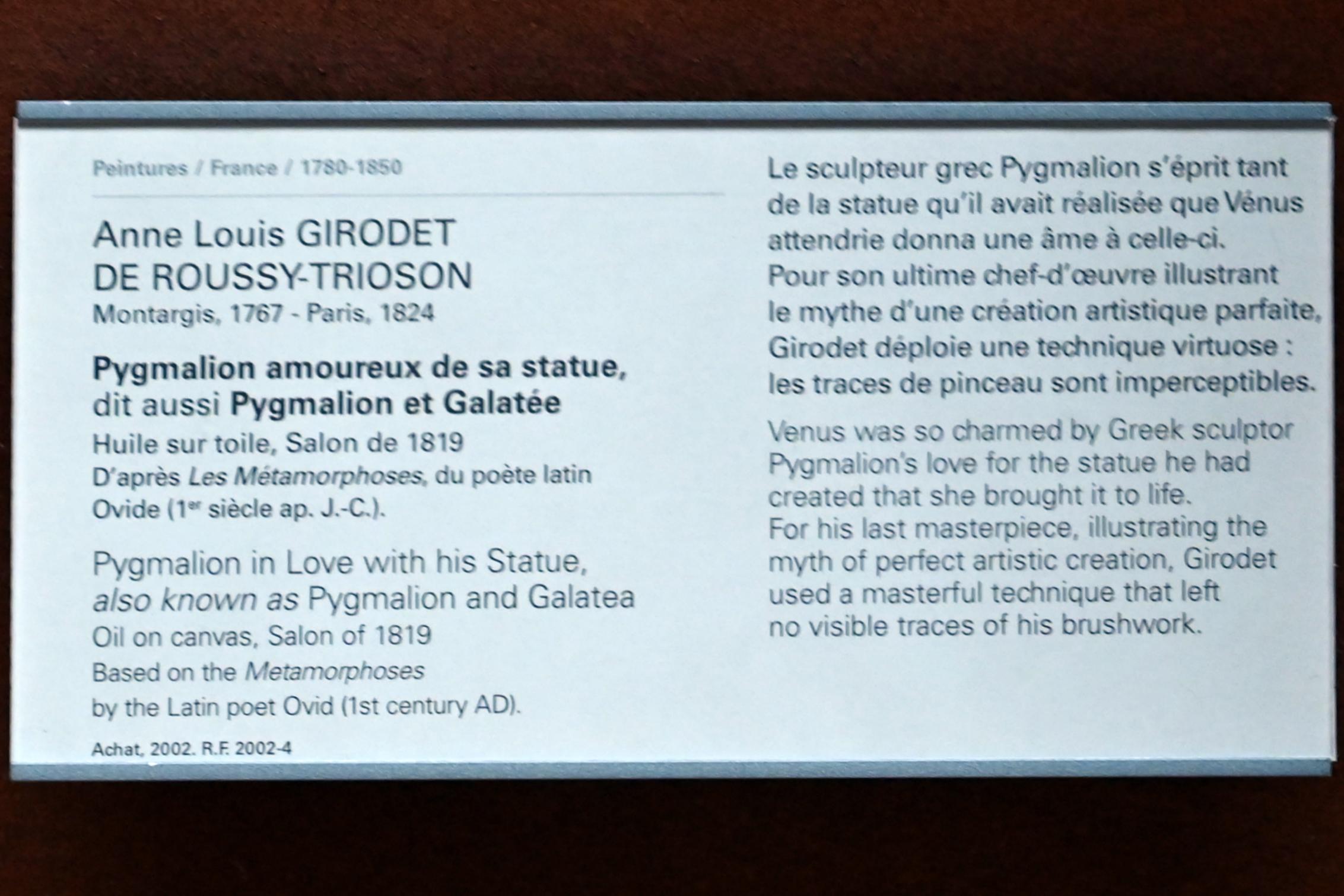 Pierre Narcisse Guérin (1798–1818), Pygmalion verliebt sich in seine Statue (Pygmalion und Galatea), Paris, Musée du Louvre, Saal 702, vor 1819, Bild 2/2