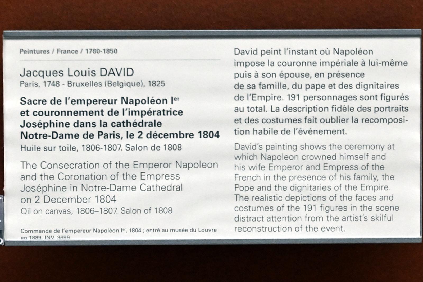 Jacques-Louis David (1782–1824), Krönung von Kaiser Napoleon I. und Kaiserin Josephine in der Kathedrale Notre-Dame in Paris am 2. Dezember 1804, Paris, Musée du Louvre, Saal 702, 1806–1807, Bild 2/2