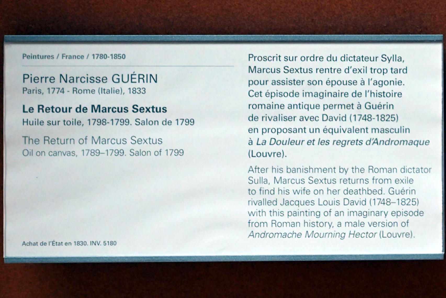 Pierre Narcisse Guérin (1798–1818), Die Rückkehr des Marcus Sextus, Paris, Musée du Louvre, Saal 702, 1798–1799, Bild 2/2