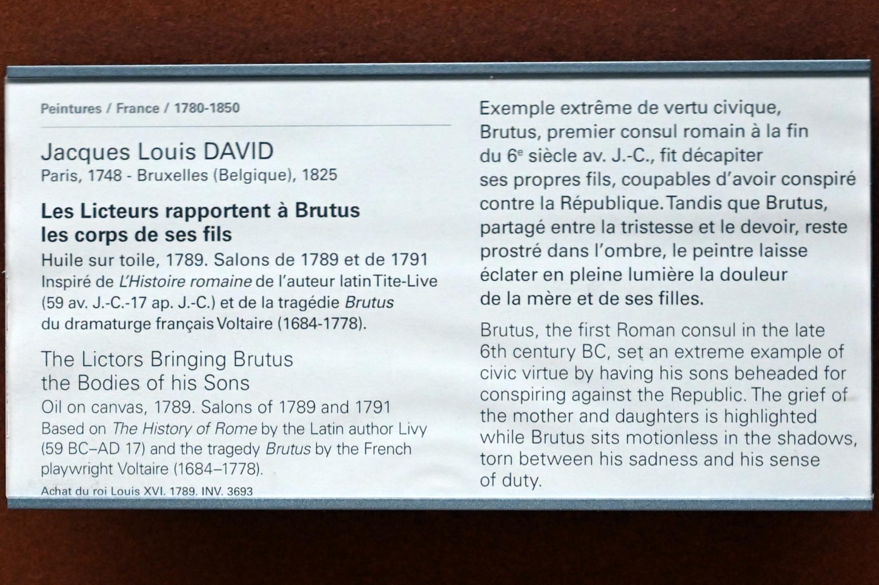 Jacques-Louis David (1782–1824), Die Liktoren bringen Brutus die Leichen seiner Söhne, Paris, Musée du Louvre, Saal 702, 1789, Bild 2/2
