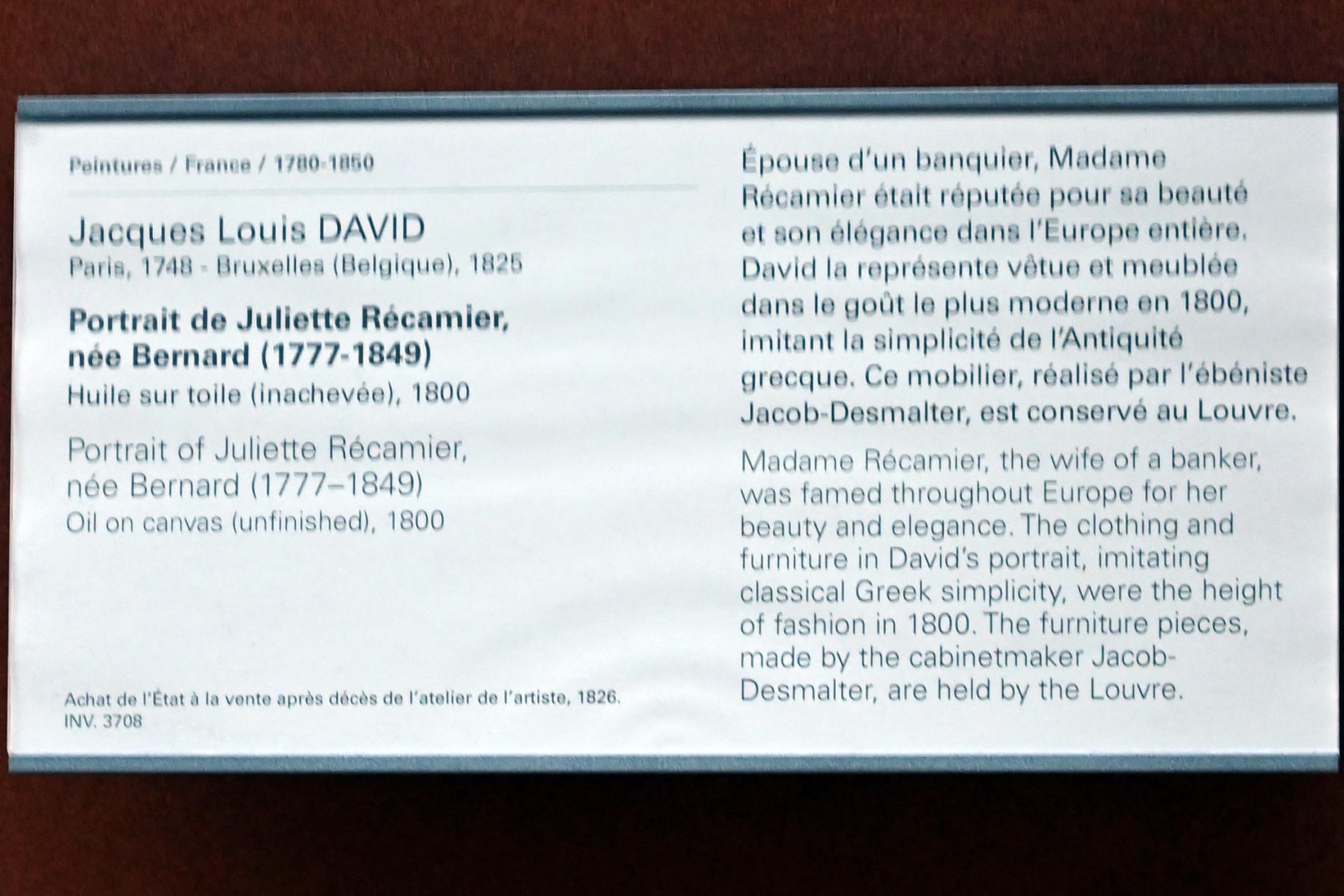 Jacques-Louis David (1782–1824), Porträt der Juliette Récamier, geb. Bernard (1777-1849), Paris, Musée du Louvre, Saal 702, 1800, Bild 2/2