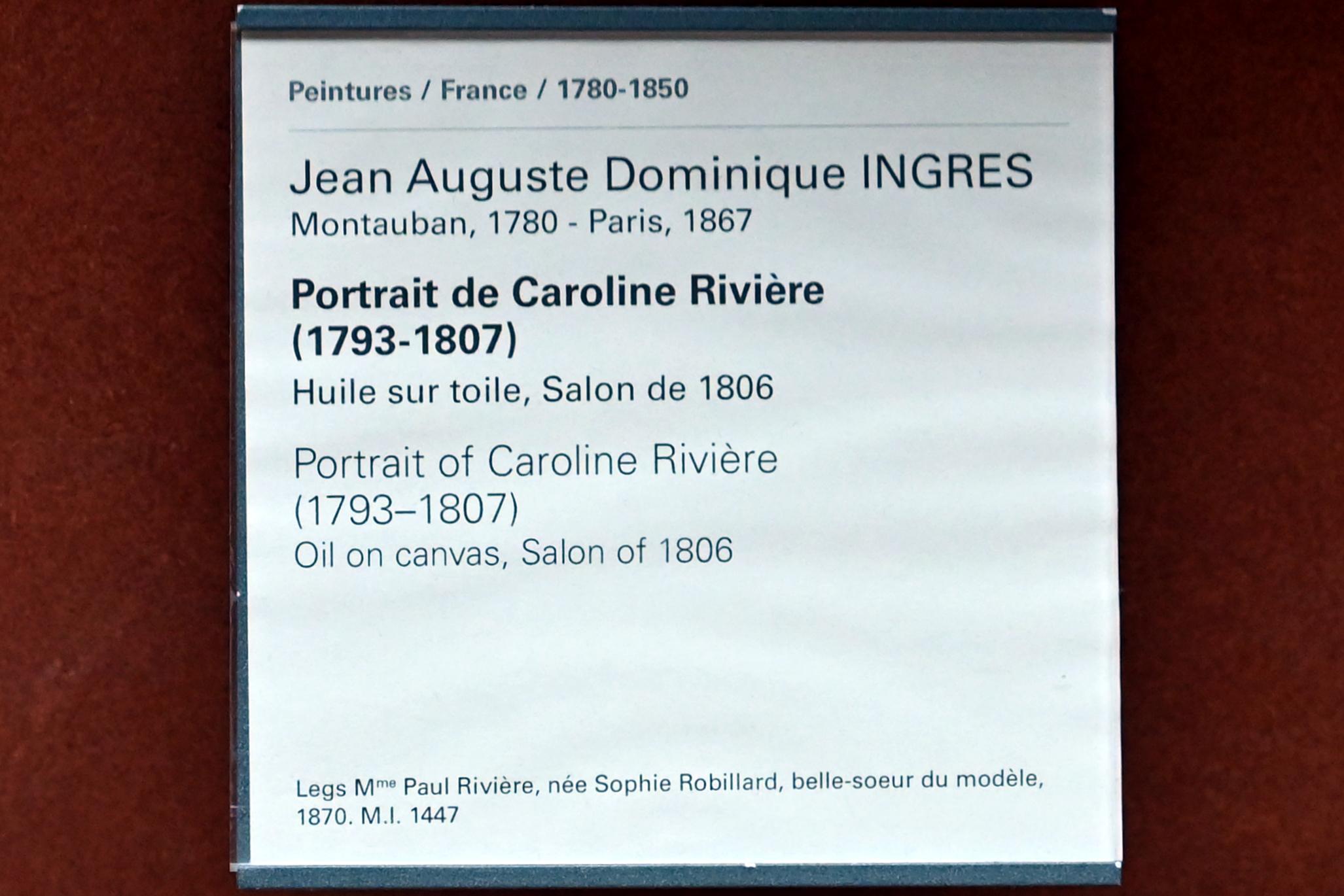 Jean-Auguste-Dominique Ingres (1805–1856), Porträt der Caroline Rivière (1793-1807), Paris, Musée du Louvre, Saal 702, vor 1806, Bild 2/2