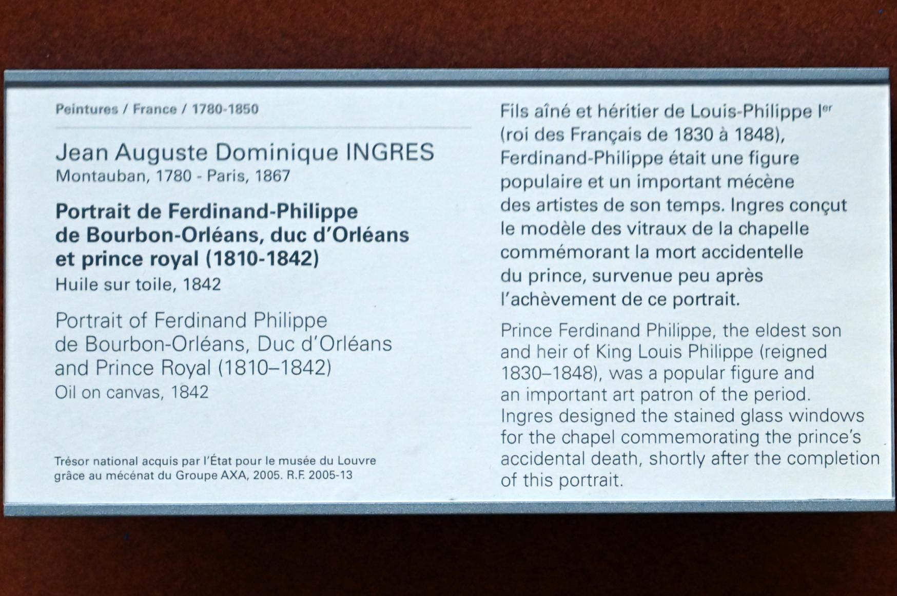 Jean-Auguste-Dominique Ingres (1805–1856), Porträt des Ferdinand Philippe de Bourbon-Orléans, Herzog von Orléans und Prinz Royal (1810-1842), Paris, Musée du Louvre, Saal 702, 1842, Bild 2/2
