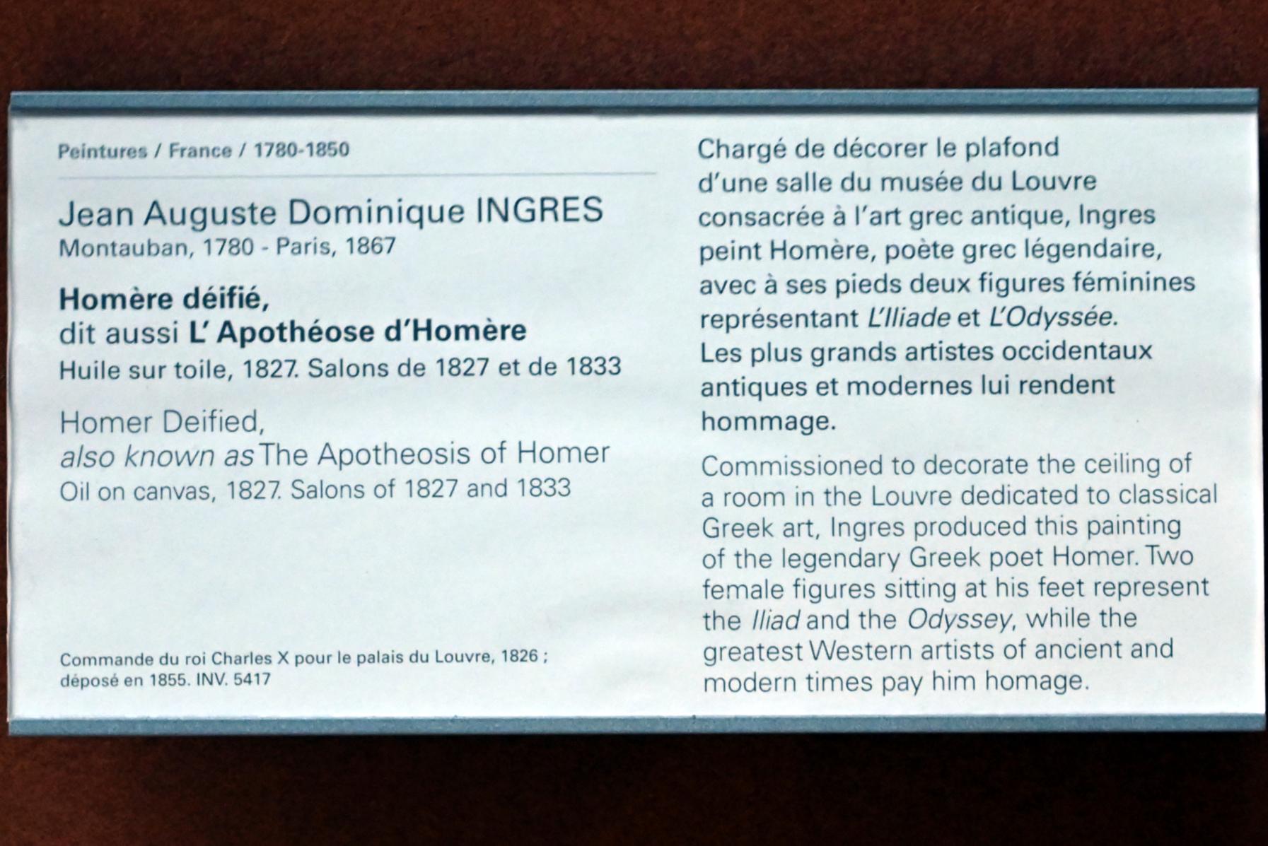 Jean-Auguste-Dominique Ingres (1805–1856), Vergöttlichter Homer (Die Apotheose von Homer), Paris, Palais du Louvre, jetzt Paris, Musée du Louvre, Saal 702, 1827, Bild 2/2