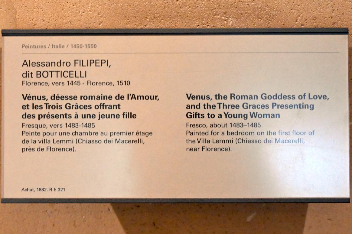 Sandro Botticelli (1462–1500), Venus, die römische Göttin der Liebe, und die drei Grazien, die einer jungen Frau Geschenke überreichen, Florenz, Villa Lemmi, jetzt Paris, Musée du Louvre, Saal 706, um 1483–1485, Bild 2/2
