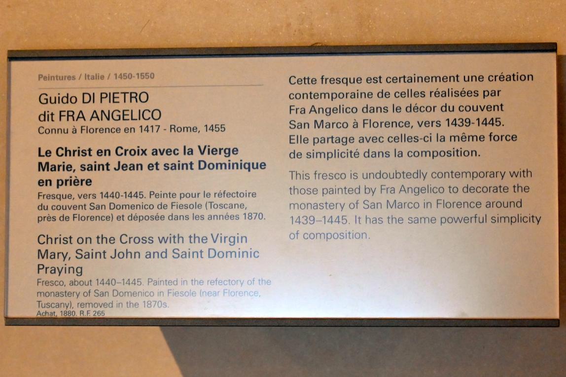 Fra Angelico (Guido di Pietro) (1421–1447), Christus am Kreuz mit der Jungfrau Maria, dem Heiligen Johannes und dem Heiligen Dominikus im Gebet, Fiesole, Dominikanerkloster San Domenico, jetzt Paris, Musée du Louvre, Saal 707, um 1440–1445, Bild 2/3