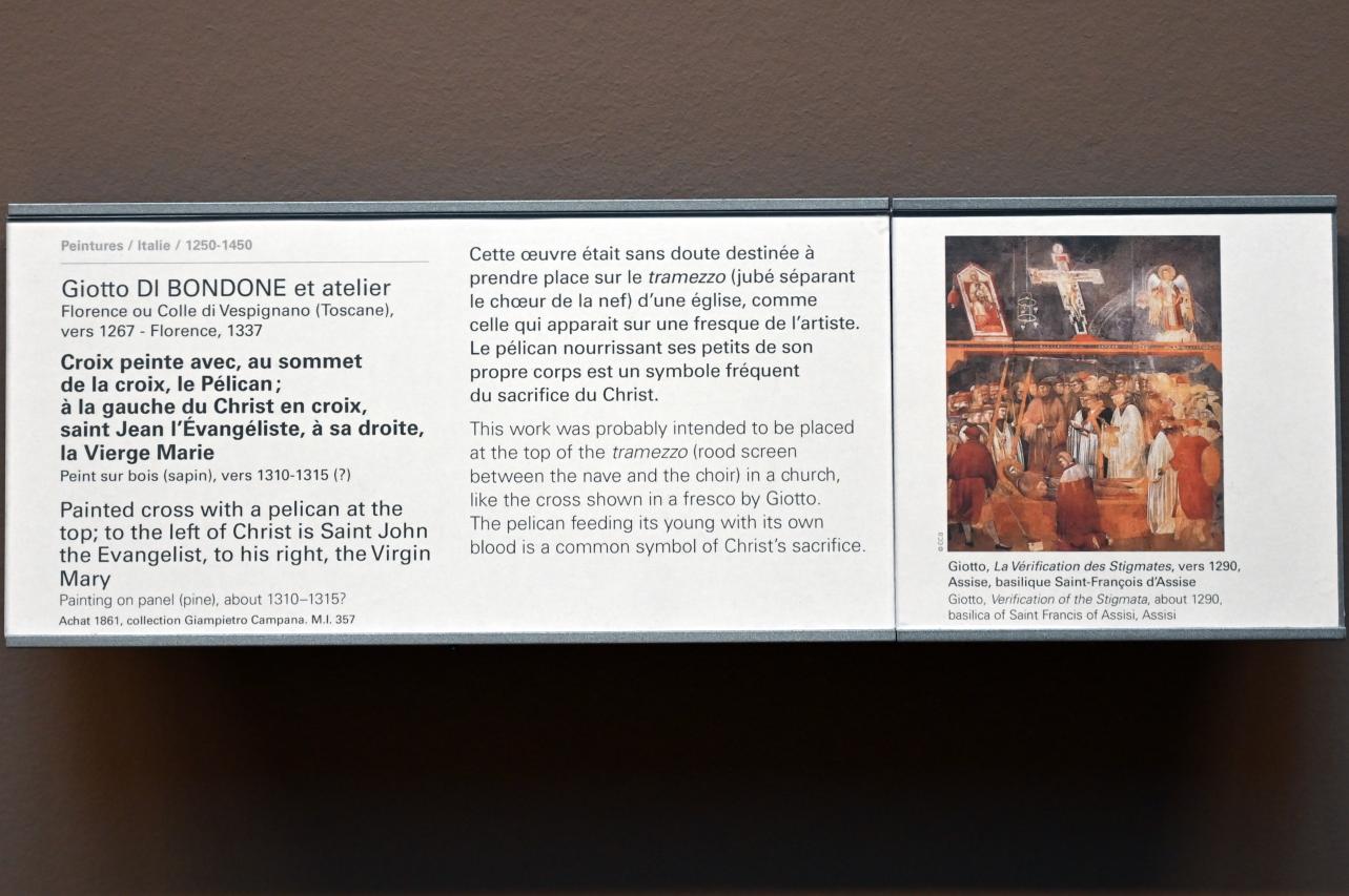 Giotto di Bondone (Giotto) (1298–1330), Bemaltes Kreuz mit einem Pelikan an der Spitze; Links von Christus steht der heilige Evangelist Johannes, rechts von ihm die Jungfrau Maria, Paris, Musée du Louvre, Saal 708, um 1310–1315, Bild 2/2