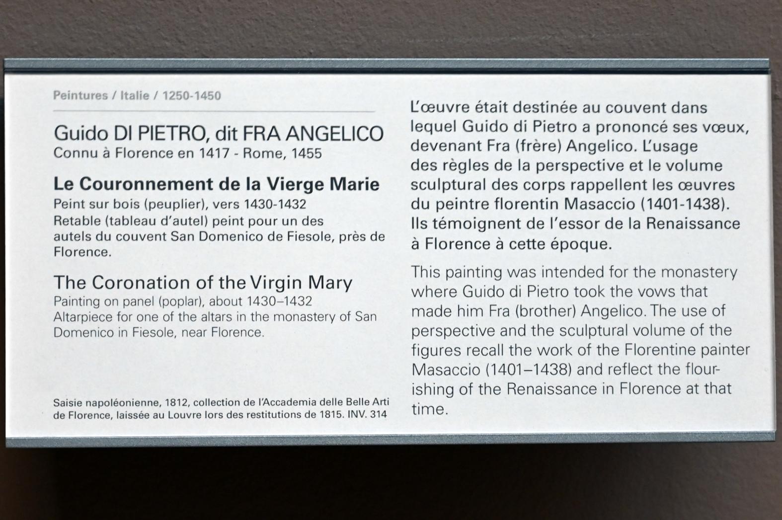 Fra Angelico (Guido di Pietro) (1421–1447), Die Krönung der Jungfrau Maria, Fiesole, Dominikanerkloster San Domenico, jetzt Paris, Musée du Louvre, Saal 708, um 1430–1432, Bild 2/2