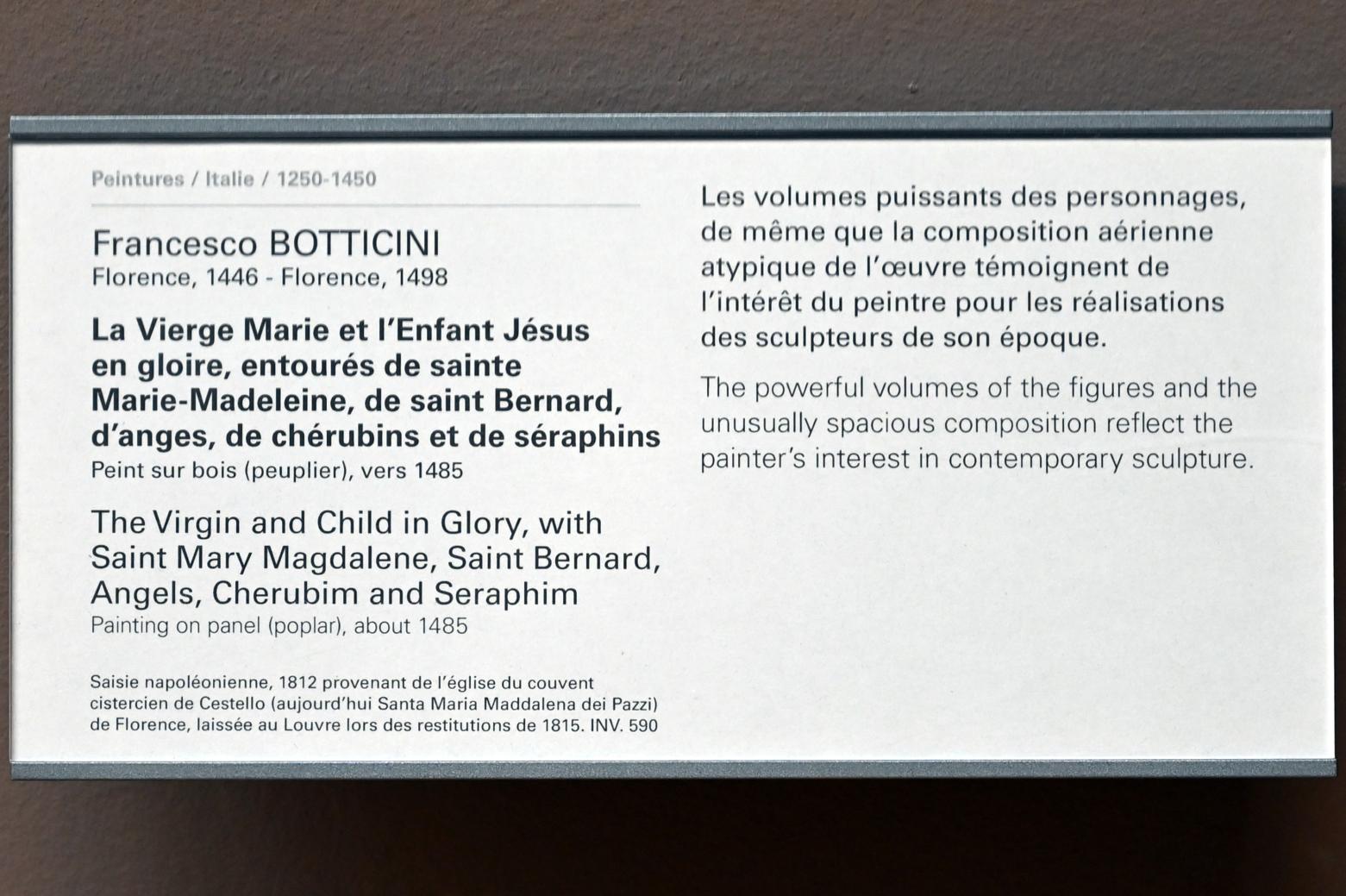 Francesco Botticini (1470–1485), Die Jungfrau Maria und das Jesuskind in der Glorie, umgeben von der Heiligen Maria Magdalena, dem Heiligen Bernhard, Engeln, Cherubim und Seraphim, Florenz, Santa Maria Maddalena dei Pazzi, jetzt Paris, Musée du Louvre, Saal 708, um 1485, Bild 2/2