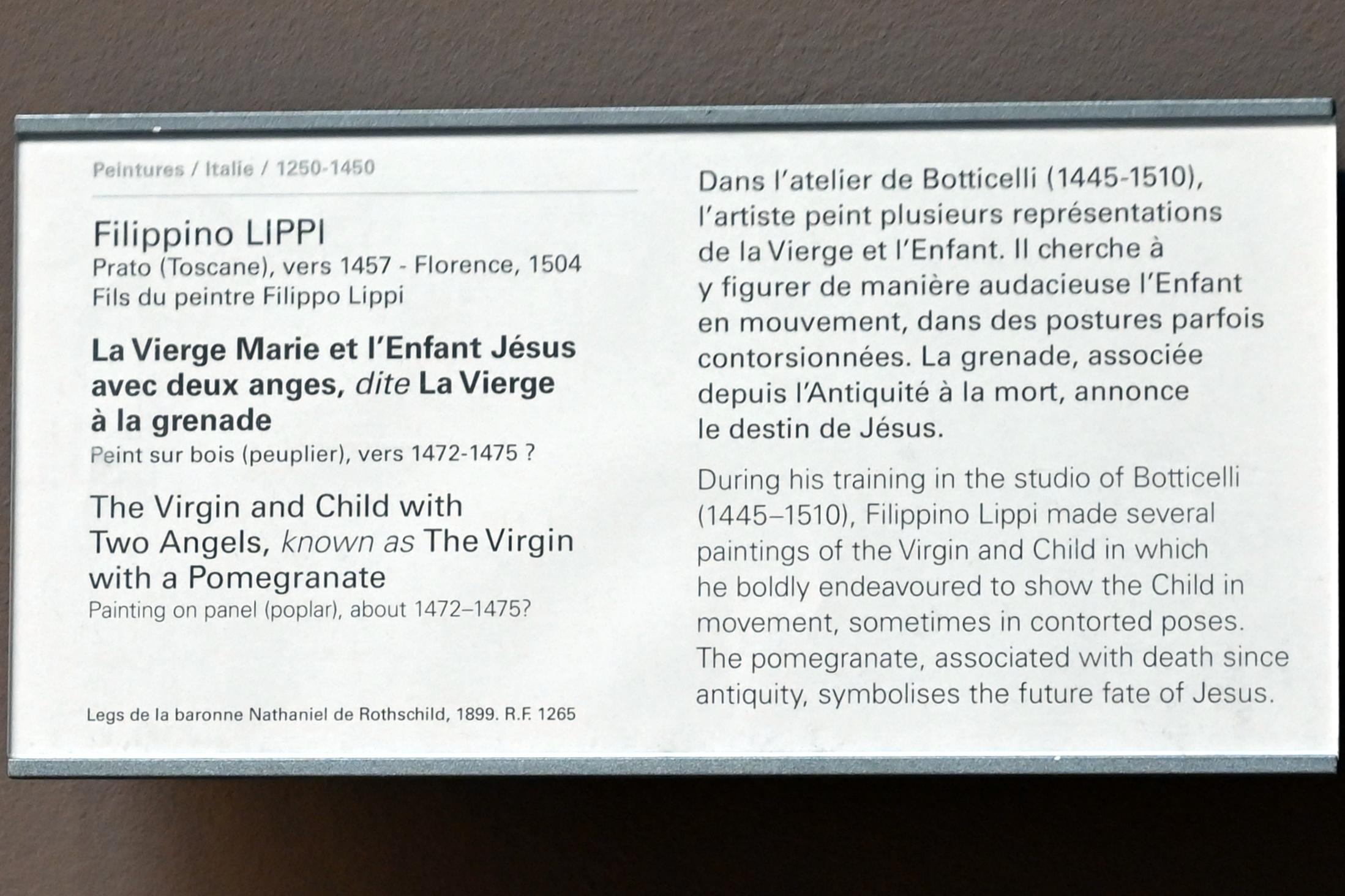 Filippino Lippi (1473–1500), Die Jungfrau Maria und das Jesuskind mit zwei Engeln (Maria mit dem Granatapfel), Paris, Musée du Louvre, Saal 708, um 1472–1475, Bild 2/2