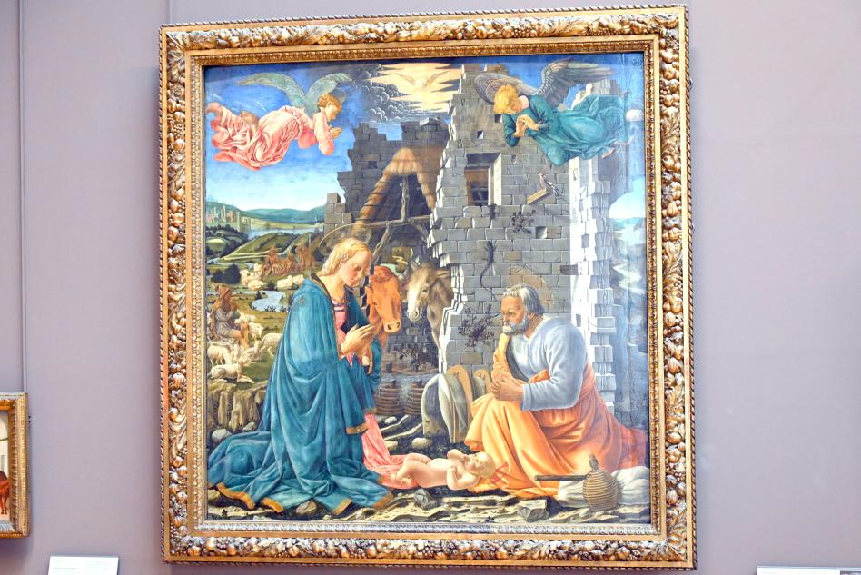 Fra Diamante (1467), Die Geburt des Jesuskindes, umgeben von der Jungfrau Maria, Josef und zwei Engeln, Prato, Chiesa di Santa Margherita, jetzt Paris, Musée du Louvre, Saal 708, um 1465–1470