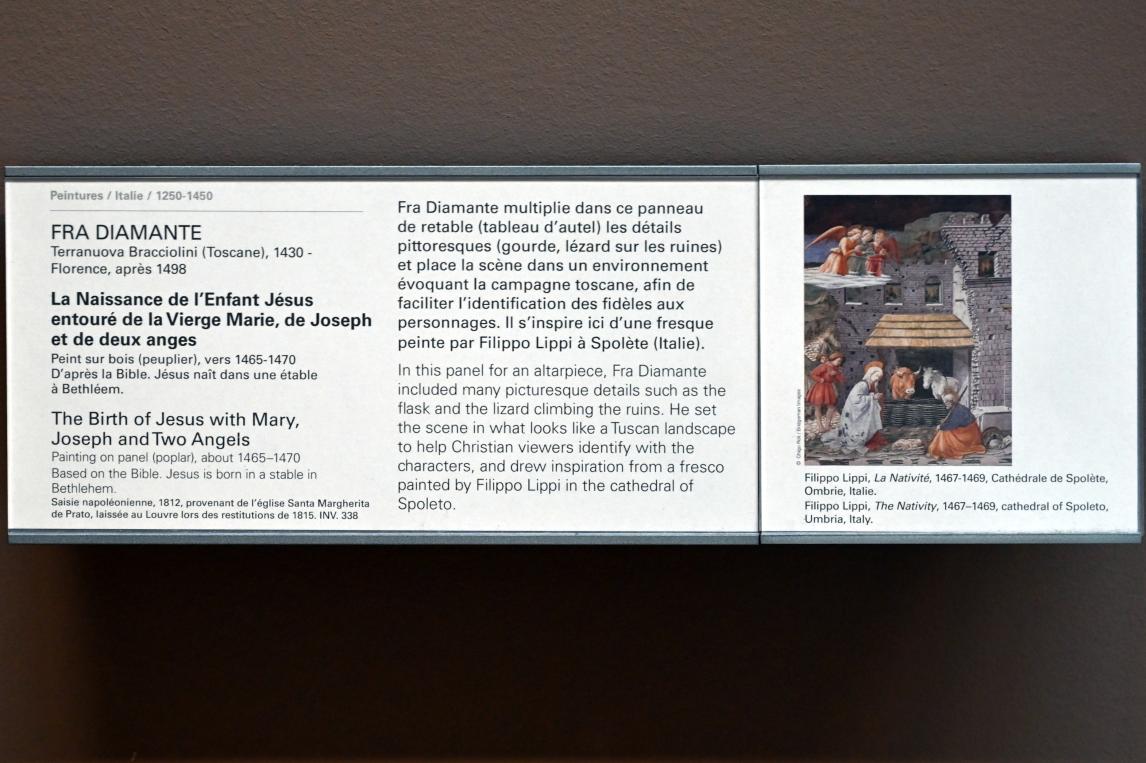 Fra Diamante (1467), Die Geburt des Jesuskindes, umgeben von der Jungfrau Maria, Josef und zwei Engeln, Prato, Chiesa di Santa Margherita, jetzt Paris, Musée du Louvre, Saal 708, um 1465–1470, Bild 2/2