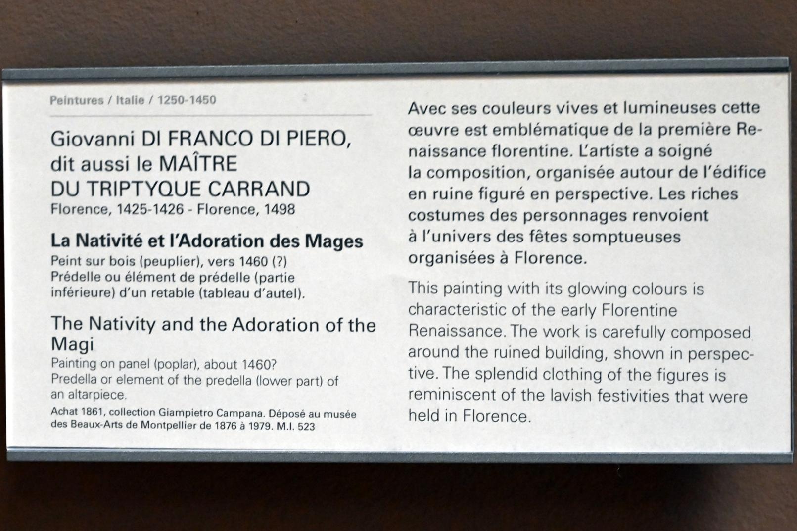 Giovanni di Franco di Piero (Meister des Carrandschen Triptychons) (1460), Die Geburt Christi und die Anbetung der Heiligen Drei Könige, Paris, Musée du Louvre, Saal 708, um 1460, Bild 2/2