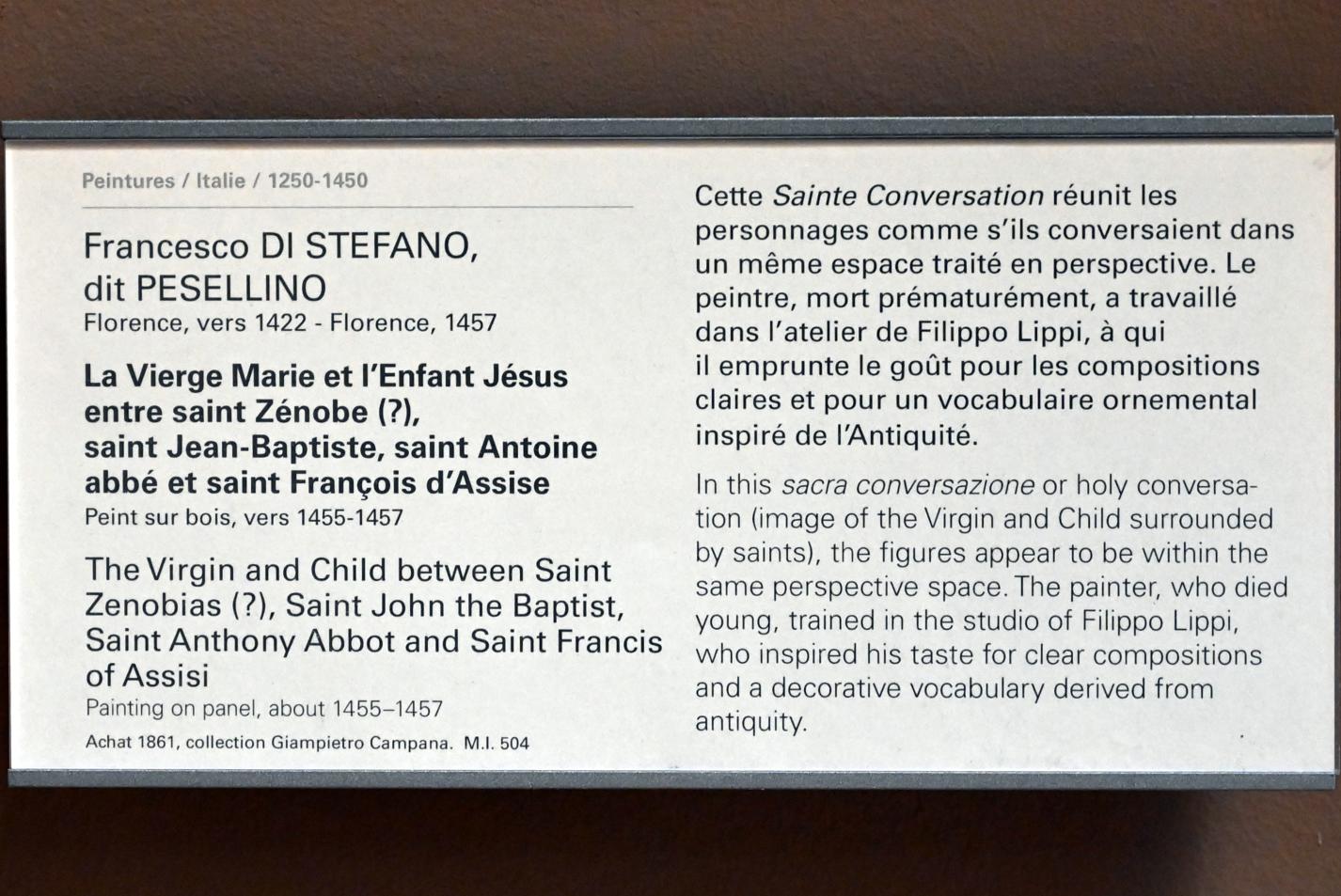 Francesco Pesellino (1442–1456), Die Jungfrau Maria und das Jesuskind zwischen dem Heiligen Zenobius (?), dem Heiligen Johannes dem Täufer, dem Heiligen Antonius Abbas und dem Heiligen Franziskus, Paris, Musée du Louvre, Saal 708, um 1455–1457, Bild 2/2