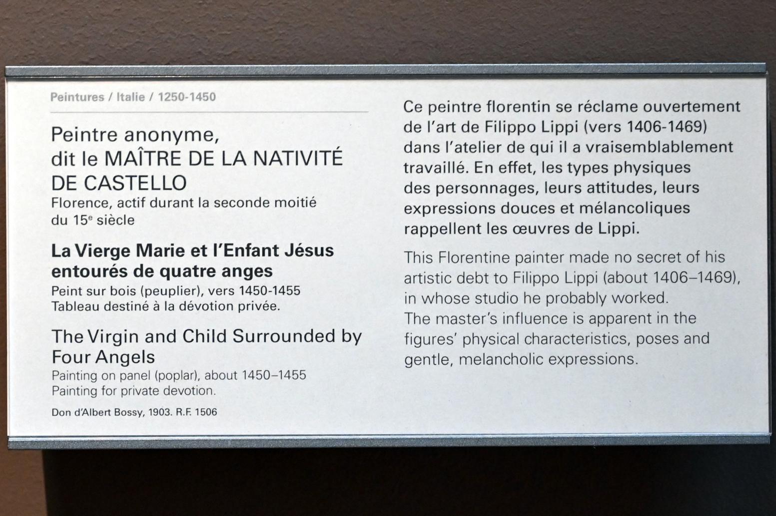 Meister der Geburt von Castello (1452–1461), Die Jungfrau Maria und das Jesuskind, umgeben von vier Engeln, Paris, Musée du Louvre, Saal 708, um 1450–1455, Bild 2/2