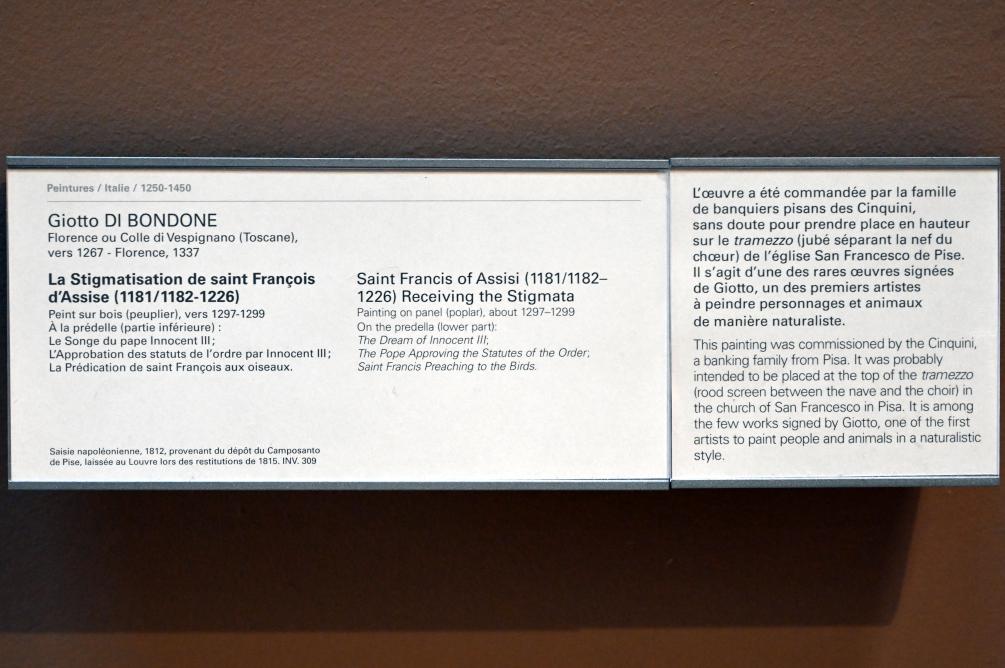 Giotto di Bondone (Giotto) (1298–1330), Die Stigmatisierung des Heiligen Franz von Assisi (1181/1182-1226), Pisa, Chiesa di San Francesco, jetzt Paris, Musée du Louvre, Saal 708, um 1297–1299, Bild 2/2