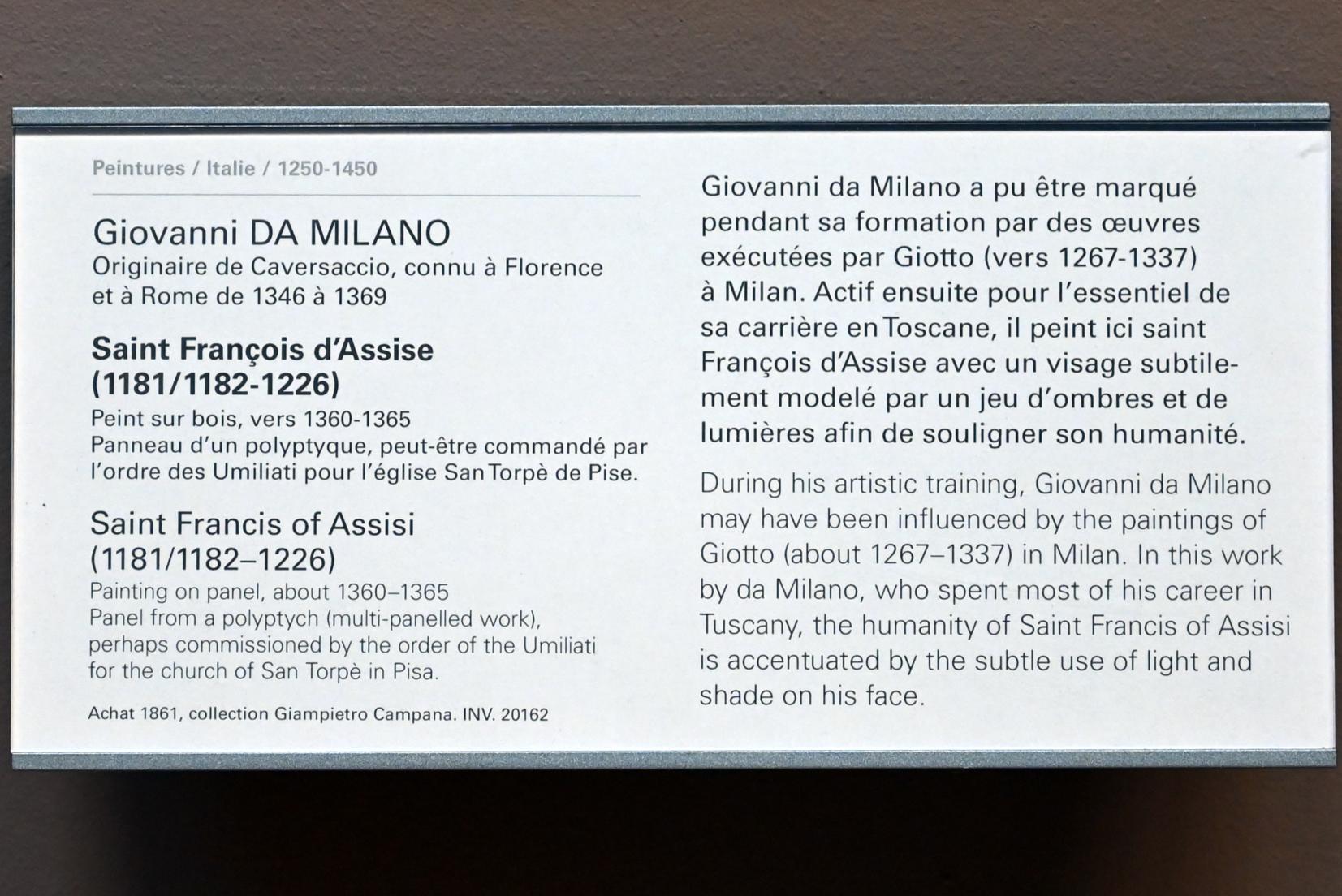 Giovanni da Milano (1351–1362), Heiliger Franz von Assisi (1181/1182-1226), Pisa, Chiesa di San Torpé, jetzt Paris, Musée du Louvre, Saal 708, um 1360–1365, Bild 2/2