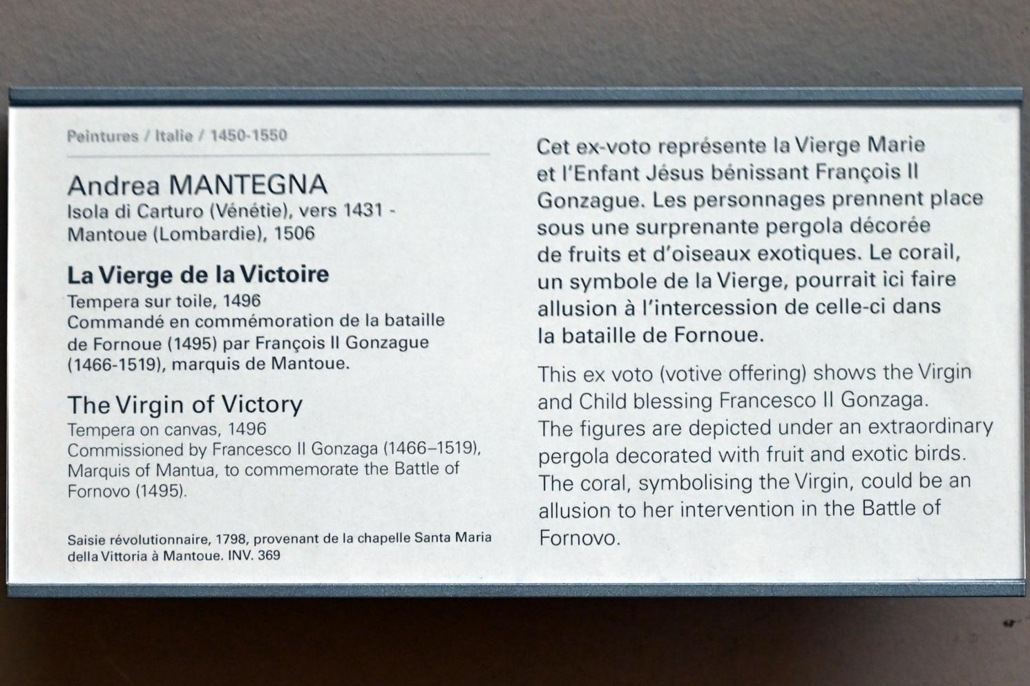 Andrea Mantegna (1451–1505), Die Jungfrau des Sieges, Paris, Musée du Louvre, Saal 710a, 1496, Bild 2/2