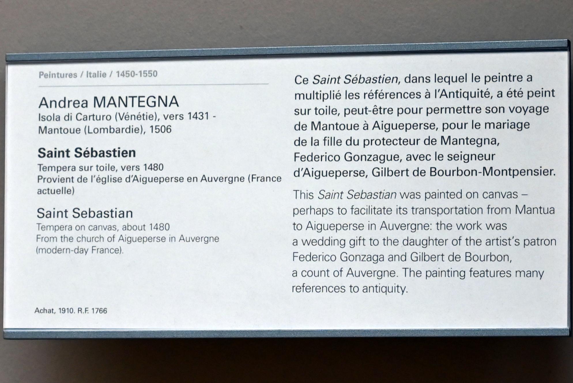 Andrea Mantegna (1451–1505), Heiliger Sebastian, Aigueperse, Collégiale Notre-Dame d'Aigueperse, jetzt Paris, Musée du Louvre, Saal 710a, um 1480, Bild 2/2