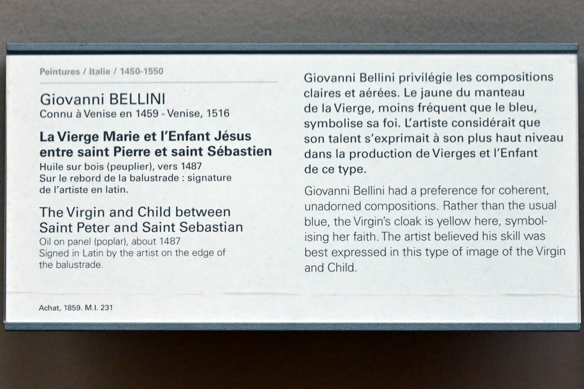 Giovanni Bellini (1452–1515), Maria mit Kind zwischen dem heiligen Petrus und dem heiligen Sebastian, Paris, Musée du Louvre, Saal 710b, um 1487, Bild 2/2