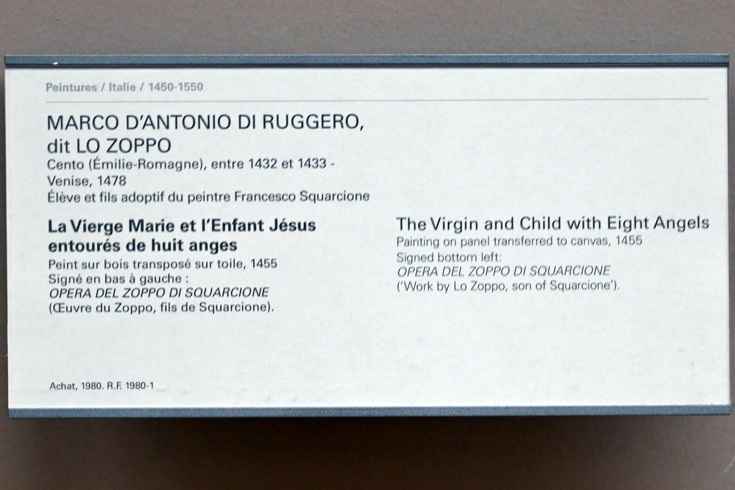 Marco Zoppo (1452–1471), Die Jungfrau Maria und das Jesuskind, umgeben von acht Engeln, Paris, Musée du Louvre, Saal 710b, 1455, Bild 2/2