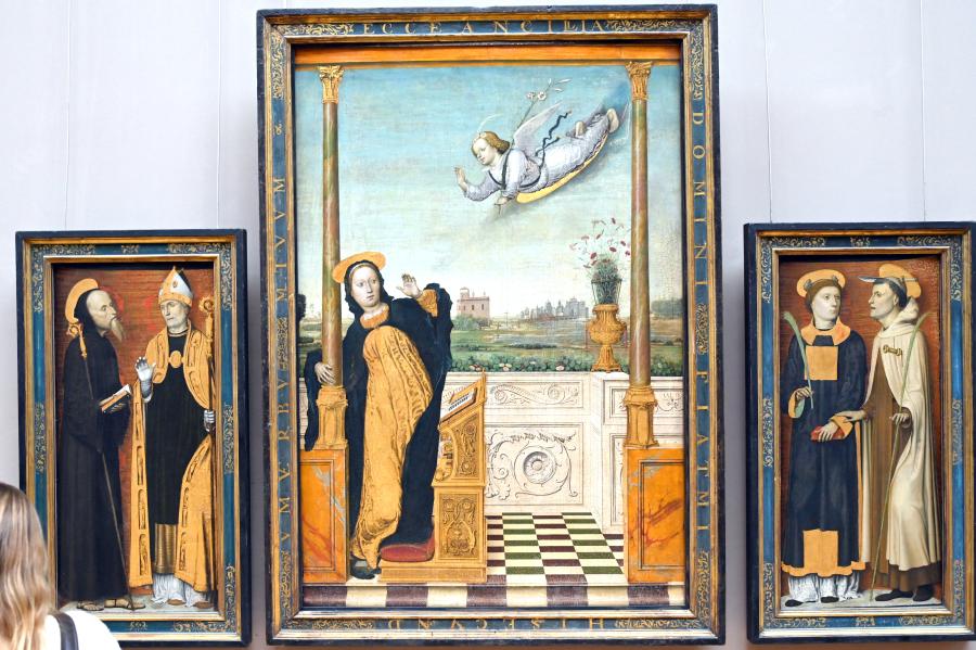Carlo Braccesco (1495), Triptychon Mariä Verkündigung, Genua, Chiesa di Nostra Signora del Carmine e Sant'Agnese, jetzt Paris, Musée du Louvre, Saal 710c, um 1490–1500, Bild 2/5