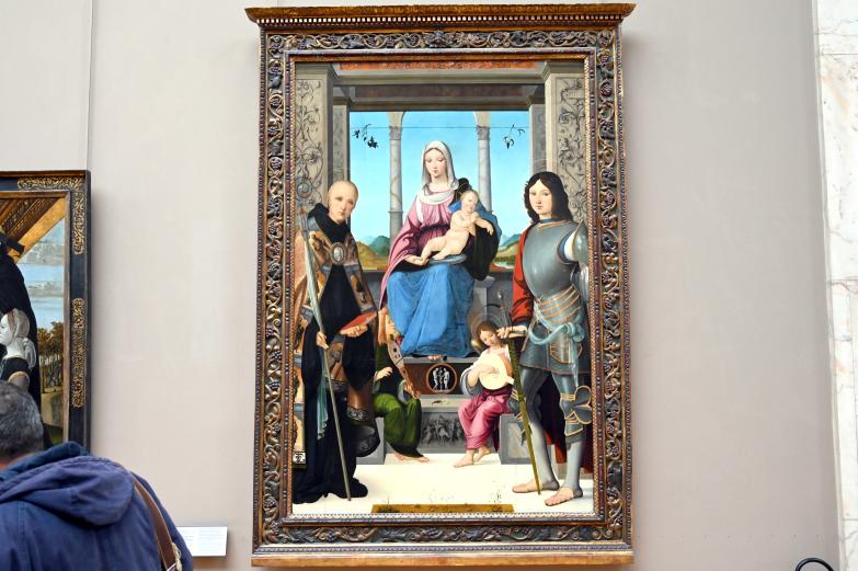Francesco Marmitta (1491–1502), Die Jungfrau und das Kind, umgeben von dem Heiligen Benedikt, dem Heiligen Quintinus und zwei Engeln, Parma, Chiesa di San Quintino, jetzt Paris, Musée du Louvre, Saal 710c, um 1500–1505
