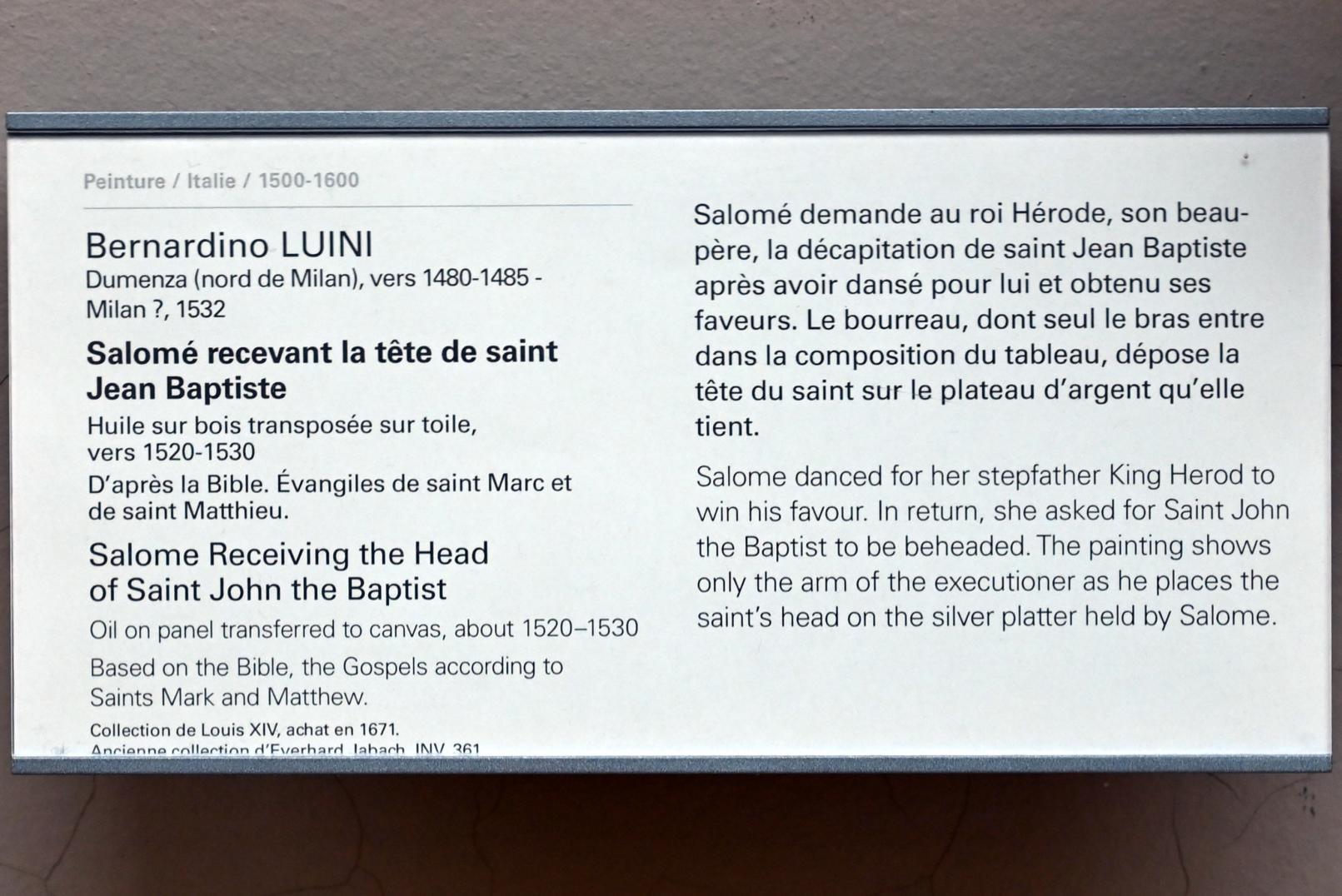 Bernardino Luini (1510–1527), Salome empfängt das Haupt des Johannes, Paris, Musée du Louvre, Saal 710c, um 1520–1530, Bild 2/2