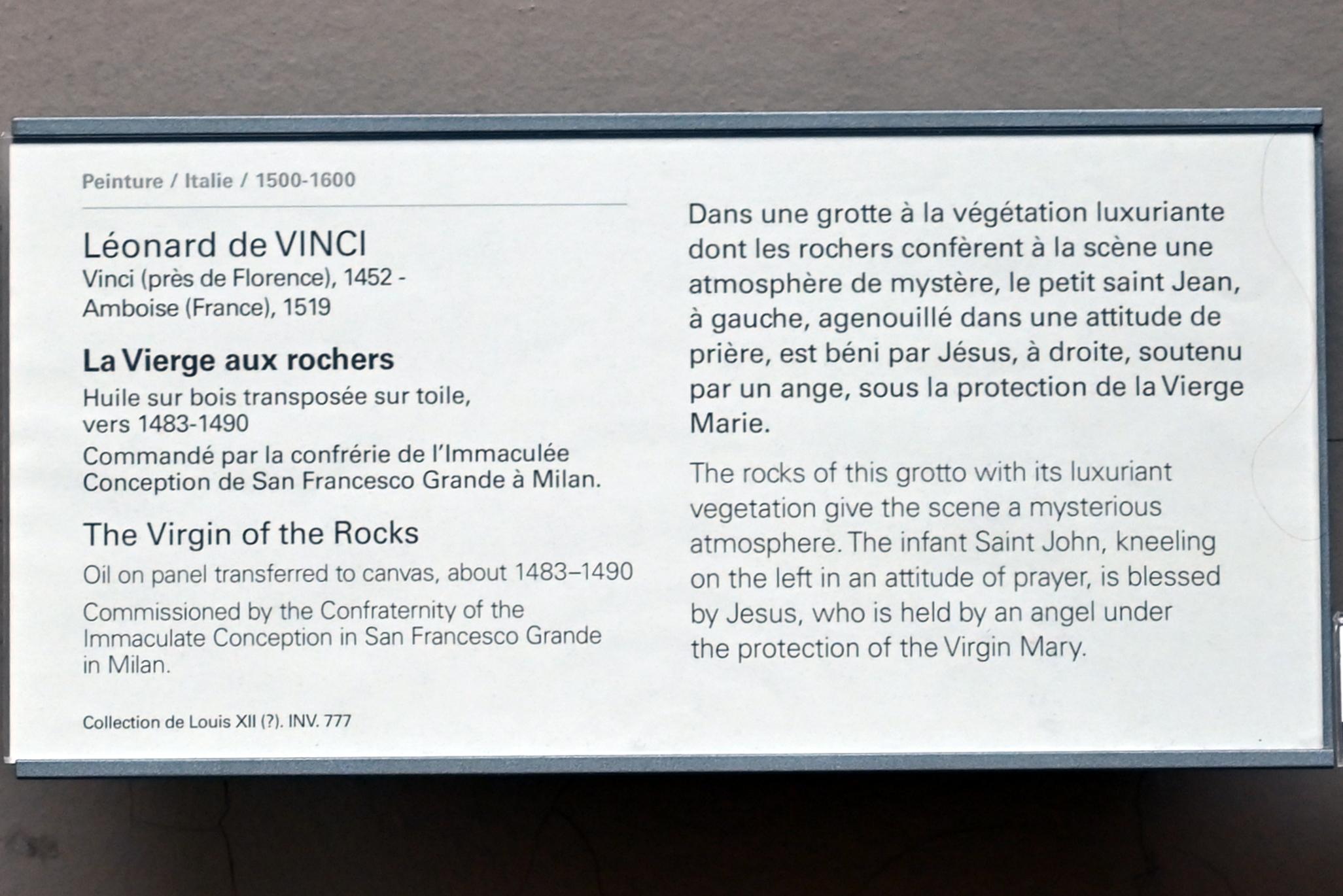 Leonardo da Vinci (1475–1513), Die Felsgrottenmadonna, Mailand, Kirche San Francesco Grande, jetzt Paris, Musée du Louvre, Saal 710c, um 1483–1490, Bild 2/2