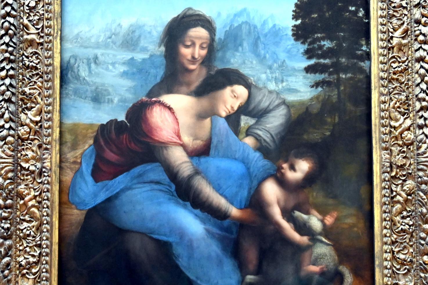 Leonardo da Vinci (1475–1513), Die Heilige Anna, die Jungfrau Maria und das Jesuskind spielen mit einem Lamm (Heilige Anna), Paris, Musée du Louvre, Saal 710c, um 1503–1519, Bild 2/3