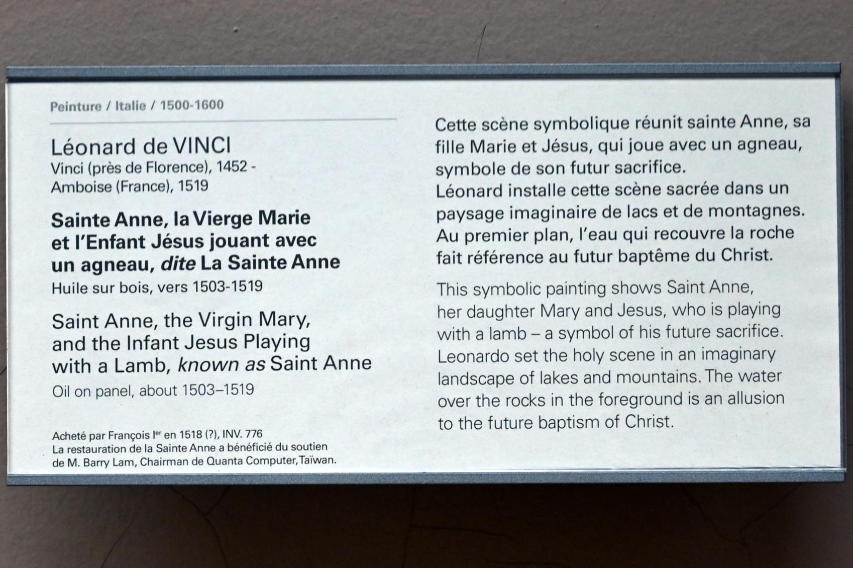 Leonardo da Vinci (1475–1513), Die Heilige Anna, die Jungfrau Maria und das Jesuskind spielen mit einem Lamm (Heilige Anna), Paris, Musée du Louvre, Saal 710c, um 1503–1519, Bild 3/3