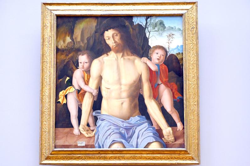 Marco Palmezzano (1500–1534), Der tote Christus, von zwei trauernden Engeln gestützt, Paris, Musée du Louvre, Saal 710d, 1510
