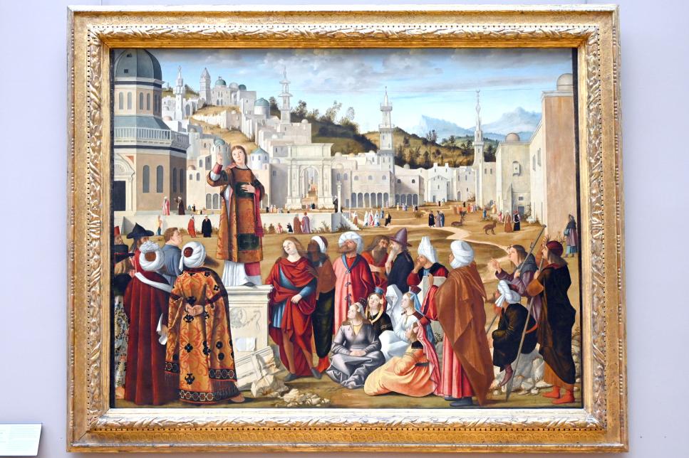 Vittore Carpaccio (1490–1514), Predigt des Heiligen Stephanus in Jerusalem, Venedig, Kirche Santo Stefano, jetzt Paris, Musée du Louvre, Saal 710d, 1514, Bild 1/2