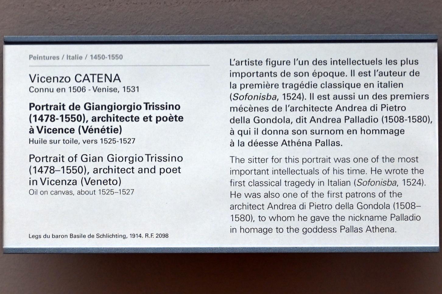 Vincenzo Catena (1510–1526), Porträt des Architekten und Dichters Gian Giorgio Trissino (1478-1550) aus Vicenza, Paris, Musée du Louvre, Saal 710d, um 1525–1527, Bild 2/2