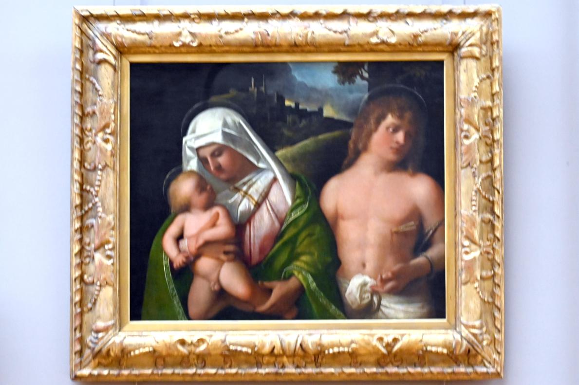 Giovanni Cariani (Giovanni Busi) (1515–1540), Die Jungfrau und das Kind mit dem Heiligen Sebastian, Paris, Musée du Louvre, Saal 710d, um 1517–1523