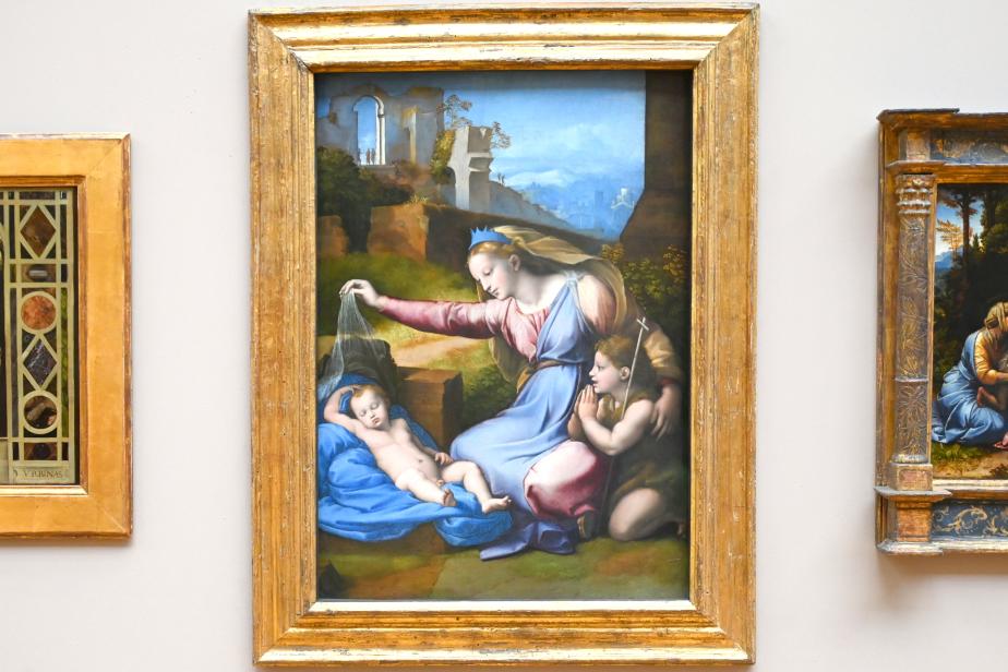 Giovanni Francesco Penni (1515), Maria mit Kind und dem Johannesknaben (Madonna mit dem Schleier, Madonna mit dem blauen Diadem), Paris, Musée du Louvre, Saal 710e, um 1512–1518