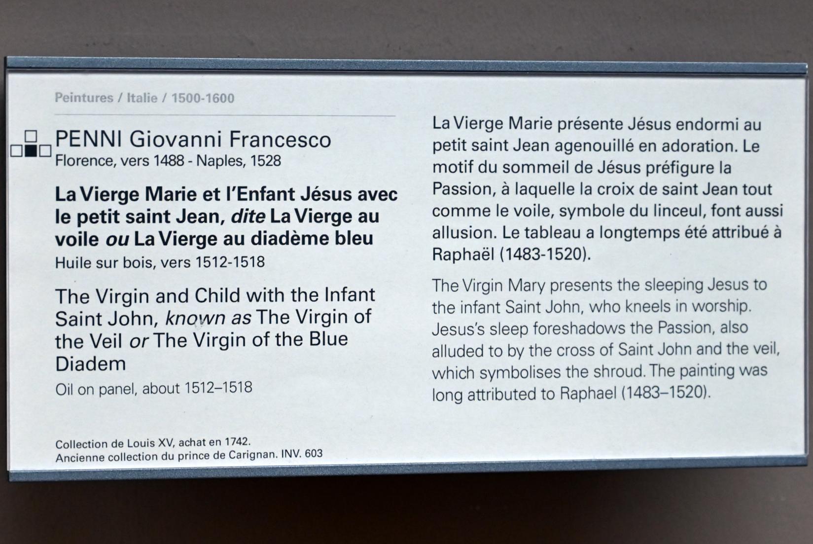 Giovanni Francesco Penni (1515), Maria mit Kind und dem Johannesknaben (Madonna mit dem Schleier, Madonna mit dem blauen Diadem), Paris, Musée du Louvre, Saal 710e, um 1512–1518, Bild 2/2